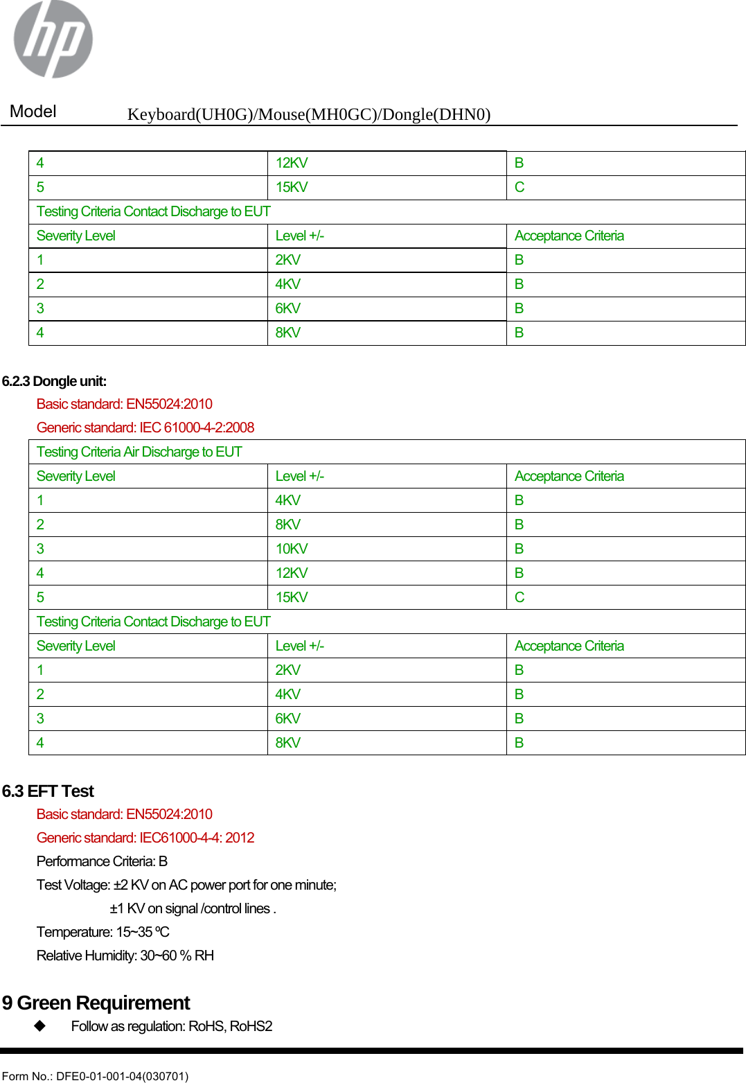  Model  Keyboard(UH0G)/Mouse(MH0GC)/Dongle(DHN0)   Form No.: DFE0-01-001-04(030701) 4 12KV B 5 15KV C Testing Criteria Contact Discharge to EUT Severity Level  Level +/-  Acceptance Criteria 1 2KV B 2 4KV B 3 6KV B 4 8KV B  6.2.3 Dongle unit:  Basic standard: EN55024:2010 Generic standard: IEC 61000-4-2:2008 Testing Criteria Air Discharge to EUT Severity Level  Level +/-  Acceptance Criteria 1 4KV B 2 8KV B 3 10KV B 4 12KV B 5 15KV C Testing Criteria Contact Discharge to EUT Severity Level  Level +/-  Acceptance Criteria 1 2KV B 2 4KV B 3 6KV B 4 8KV B  6.3 EFT Test Basic standard: EN55024:2010 Generic standard: IEC61000-4-4: 2012 Performance Criteria: B Test Voltage: ±2 KV on AC power port for one minute; ±1 KV on signal /control lines . Temperature: 15~35 ºC Relative Humidity: 30~60 % RH  9 Green Requirement   Follow as regulation: RoHS, RoHS2 