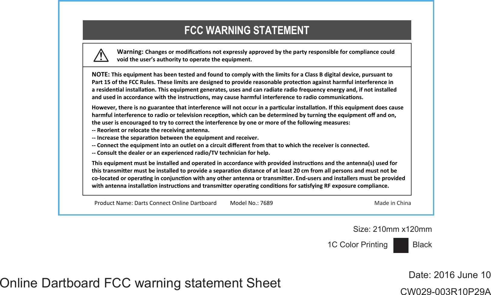 Darts Connect 7689 Online Dartboard User Manual CW029 003R10P29A FCC