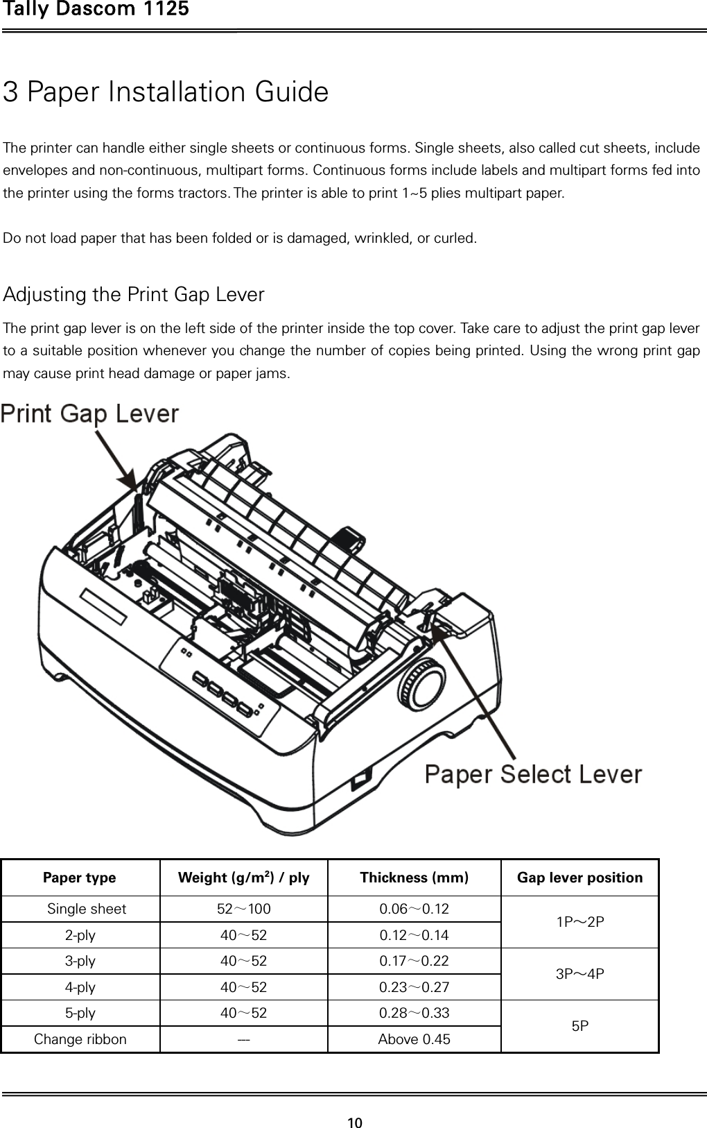 Tally Dascom 1125   10  3 Paper Installation Guide  The printer can handle either single sheets or continuous forms. Single sheets, also called cut sheets, include envelopes and non-continuous, multipart forms. Continuous forms include labels and multipart forms fed into the printer using the forms tractors. The printer is able to print 1~5 plies multipart paper.  Do not load paper that has been folded or is damaged, wrinkled, or curled.  Adjusting the Print Gap Lever The print gap lever is on the left side of the printer inside the top cover. Take care to adjust the print gap lever to a suitable position whenever you change the number of copies being printed. Using the wrong print gap may cause print head damage or paper jams.                      Paper type  Weight (g/m2) / ply  Thickness (mm)  Gap lever position Single sheet  52～100 0.06～0.12  1P～2P 2-ply  40～52 0.12～0.14 3-ply  40～52 0.17～0.22  3P～4P 4-ply  40～52 0.23～0.27 5-ply  40～52 0.28～0.33  5P Change ribbon  ---  Above 0.45  