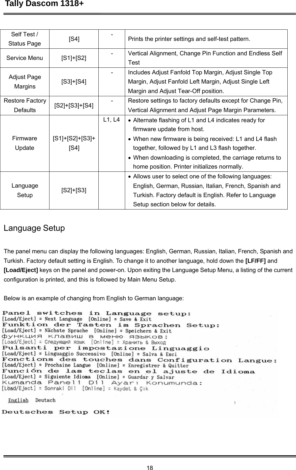 Tally Dascom 1318+ 18   Self Test / Status Page  [S4] -  Prints the printer settings and self-test pattern.  Service Menu  [S1]+[S2] - Vertical Alignment, Change Pin Function and Endless SelfTest  Adjust Page Margins   [S3]+[S4] - Includes Adjust Fanfold Top Margin, Adjust Single Top Margin, Adjust Fanfold Left Margin, Adjust Single Left Margin and Adjust Tear-Off position. Restore Factory Defaults  [S2]+[S3]+[S4] - Restore settings to factory defaults except for Change Pin,Vertical Alignment and Adjust Page Margin Parameters.    Firmware Update    [S1]+[S2]+[S3]+ [S4] L1, L4  Alternate flashing of L1 and L4 indicates ready for firmware update from host.  When new firmware is being received: L1 and L4 flash together, followed by L1 and L3 flash together.  When downloading is completed, the carriage returns to home position. Printer initializes normally.   Language Setup    [S2]+[S3]   Allows user to select one of the following languages: English, German, Russian, Italian, French, Spanish and Turkish. Factory default is English. Refer to Language Setup section below for details.   Language Setup    The panel menu can display the following languages: English, German, Russian, Italian, French, Spanish and Turkish. Factory default setting is English. To change it to another language, hold down the [LF/FF] and [Load/Eject] keys on the panel and power-on. Upon exiting the Language Setup Menu, a listing of the current configuration is printed, and this is followed by Main Menu Setup.   Below is an example of changing from English to German language:   