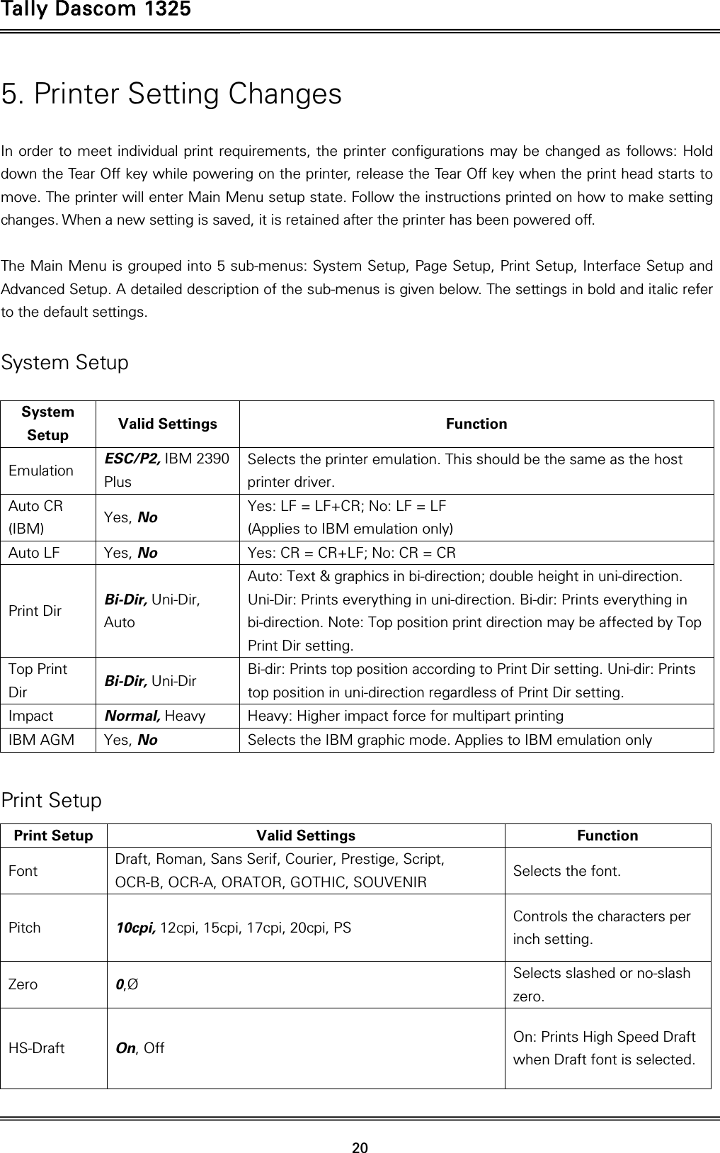 Tally Dascom 1325   20  5. Printer Setting Changes  In order to meet individual print requirements, the printer configurations may be changed as follows: Hold down the Tear Off key while powering on the printer, release the Tear Off key when the print head starts to move. The printer will enter Main Menu setup state. Follow the instructions printed on how to make setting changes. When a new setting is saved, it is retained after the printer has been powered off.    The Main Menu is grouped into 5 sub-menus: System Setup, Page Setup, Print Setup, Interface Setup and Advanced Setup. A detailed description of the sub-menus is given below. The settings in bold and italic refer to the default settings.   System Setup  System Setup  Valid Settings  Function Emulation  ESC/P2, IBM 2390 Plus Selects the printer emulation. This should be the same as the host printer driver. Auto CR (IBM)  Yes, No Yes: LF = LF+CR; No: LF = LF     (Applies to IBM emulation only) Auto LF  Yes, No Yes: CR = CR+LF; No: CR = CR Print Dir  Bi-Dir, Uni-Dir, Auto Auto: Text &amp; graphics in bi-direction; double height in uni-direction. Uni-Dir: Prints everything in uni-direction. Bi-dir: Prints everything in bi-direction. Note: Top position print direction may be affected by Top Print Dir setting. Top Print Dir  Bi-Dir, Uni-Dir Bi-dir: Prints top position according to Print Dir setting. Uni-dir: Prints top position in uni-direction regardless of Print Dir setting. Impact  Normal, Heavy Heavy: Higher impact force for multipart printing IBM AGM  Yes, No Selects the IBM graphic mode. Applies to IBM emulation only  Print Setup Print Setup  Valid Settings  Function Font  Draft, Roman, Sans Serif, Courier, Prestige, Script,   OCR-B, OCR-A, ORATOR, GOTHIC, SOUVENIR  Selects the font. Pitch  10cpi, 12cpi, 15cpi, 17cpi, 20cpi, PS Controls the characters per inch setting. Zero  0,Ø Selects slashed or no-slash zero. HS-Draft  On, Off On: Prints High Speed Draft when Draft font is selected. 