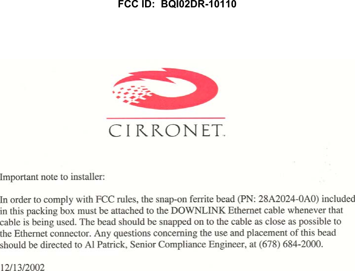 FCC ID:  BQI02DR-10110