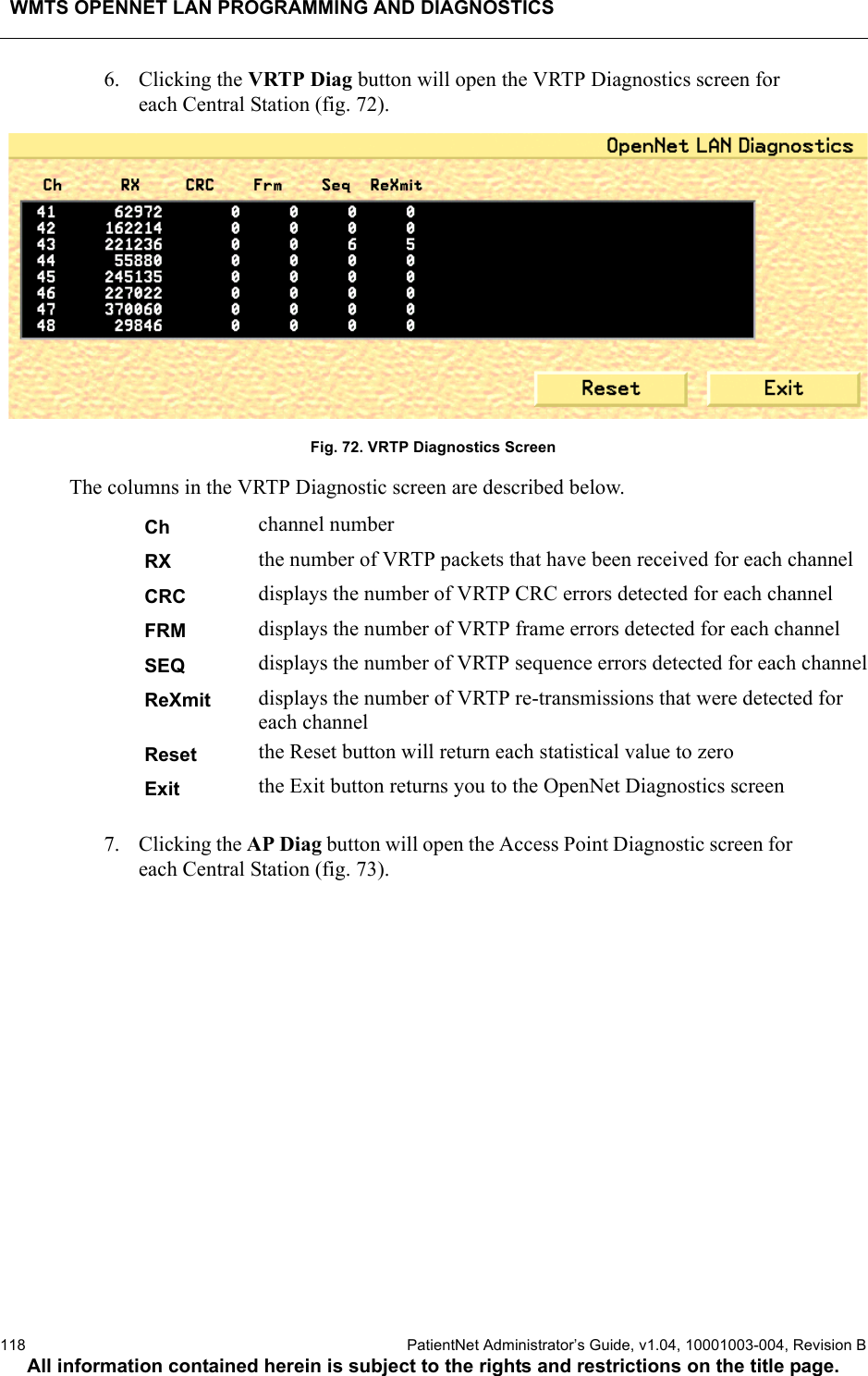 WMTS OPENNET LAN PROGRAMMING AND DIAGNOSTICS118  PatientNet Administrator’s Guide, v1.04, 10001003-004, Revision BAll information contained herein is subject to the rights and restrictions on the title page.6. Clicking the VRTP Diag button will open the VRTP Diagnostics screen for each Central Station (fig. 72).Fig. 72. VRTP Diagnostics ScreenThe columns in the VRTP Diagnostic screen are described below.7. Clicking the AP Diag button will open the Access Point Diagnostic screen for each Central Station (fig. 73).Ch channel numberRX the number of VRTP packets that have been received for each channelCRC displays the number of VRTP CRC errors detected for each channel FRM displays the number of VRTP frame errors detected for each channelSEQ displays the number of VRTP sequence errors detected for each channelReXmit displays the number of VRTP re-transmissions that were detected for each channel Reset the Reset button will return each statistical value to zeroExit the Exit button returns you to the OpenNet Diagnostics screen