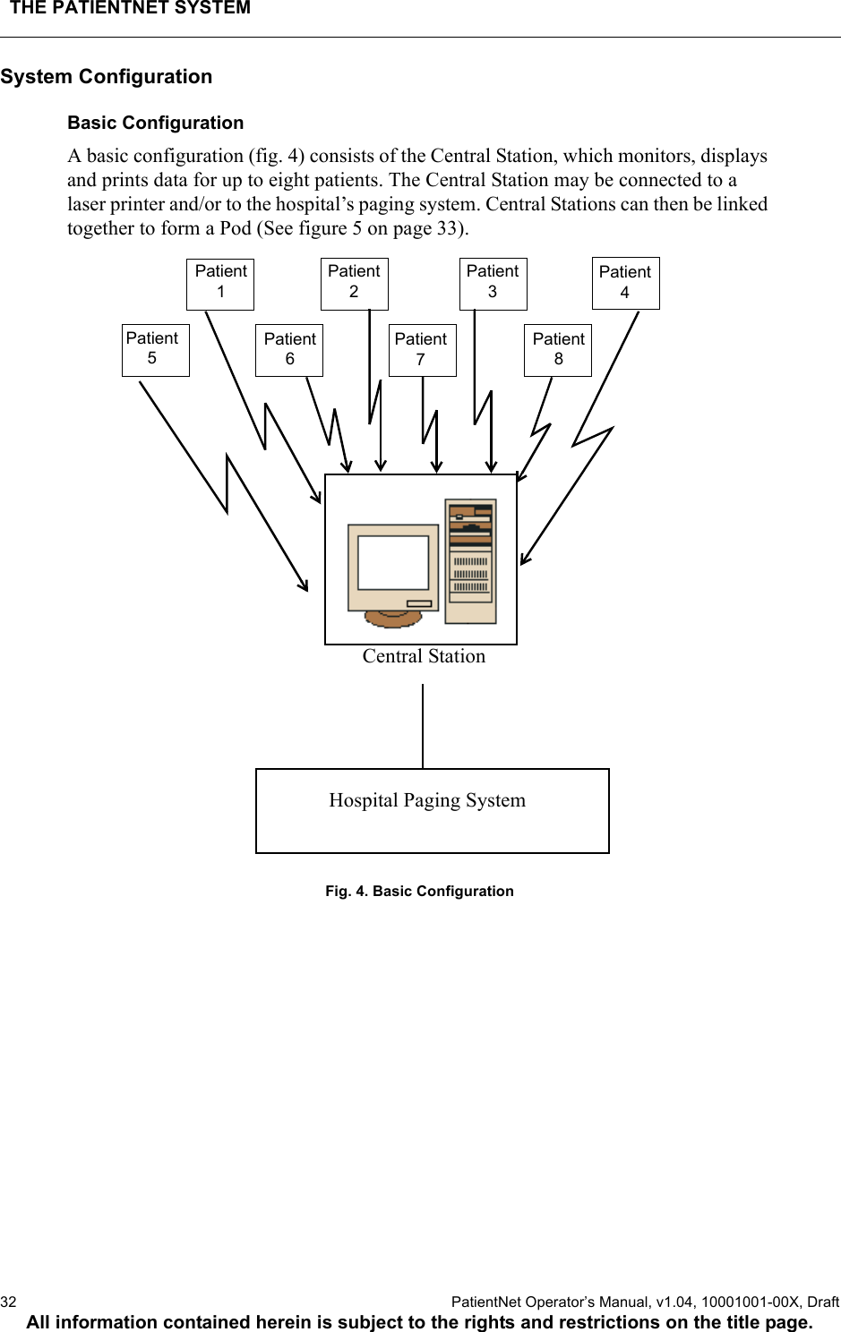 THE PATIENTNET SYSTEM32  PatientNet Operator’s Manual, v1.04, 10001001-00X, DraftAll information contained herein is subject to the rights and restrictions on the title page.System ConfigurationBasic ConfigurationA basic configuration (fig. 4) consists of the Central Station, which monitors, displays and prints data for up to eight patients. The Central Station may be connected to a laser printer and/or to the hospital’s paging system. Central Stations can then be linked together to form a Pod (See figure 5 on page 33).Fig. 4. Basic ConfigurationHospital Paging SystemCentral StationPatient 1Patient 2Patient 3Patient 4Patient 5Patient 6Patient 7Patient 8