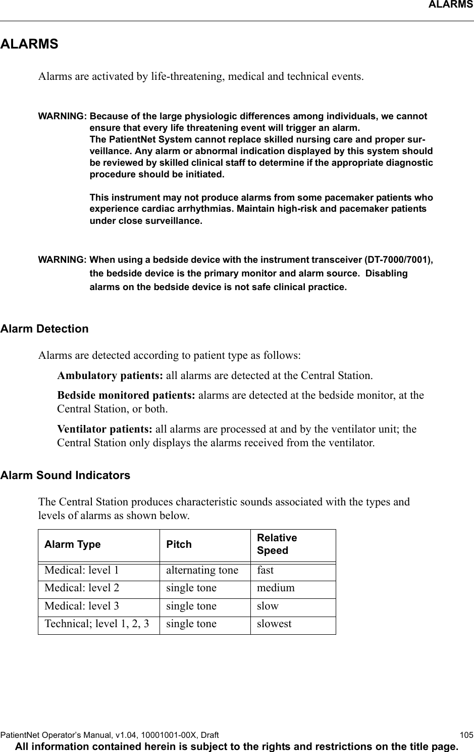 ALARMSPatientNet Operator’s Manual, v1.04, 10001001-00X, Draft   105All information contained herein is subject to the rights and restrictions on the title page.ALARMSAlarms are activated by life-threatening, medical and technical events. WARNING: Because of the large physiologic differences among individuals, we cannot ensure that every life threatening event will trigger an alarm. The PatientNet System cannot replace skilled nursing care and proper sur-veillance. Any alarm or abnormal indication displayed by this system should be reviewed by skilled clinical staff to determine if the appropriate diagnostic procedure should be initiated.This instrument may not produce alarms from some pacemaker patients who experience cardiac arrhythmias. Maintain high-risk and pacemaker patients under close surveillance.WARNING: When using a bedside device with the instrument transceiver (DT-7000/7001), the bedside device is the primary monitor and alarm source.  Disabling alarms on the bedside device is not safe clinical practice.Alarm DetectionAlarms are detected according to patient type as follows:Ambulatory patients: all alarms are detected at the Central Station. Bedside monitored patients: alarms are detected at the bedside monitor, at the Central Station, or both. Ventilator patients: all alarms are processed at and by the ventilator unit; the Central Station only displays the alarms received from the ventilator.Alarm Sound IndicatorsThe Central Station produces characteristic sounds associated with the types and levels of alarms as shown below.Alarm Type Pitch Relative SpeedMedical: level 1 alternating tone fastMedical: level 2 single tone mediumMedical: level 3 single tone slowTechnical; level 1, 2, 3 single tone slowest