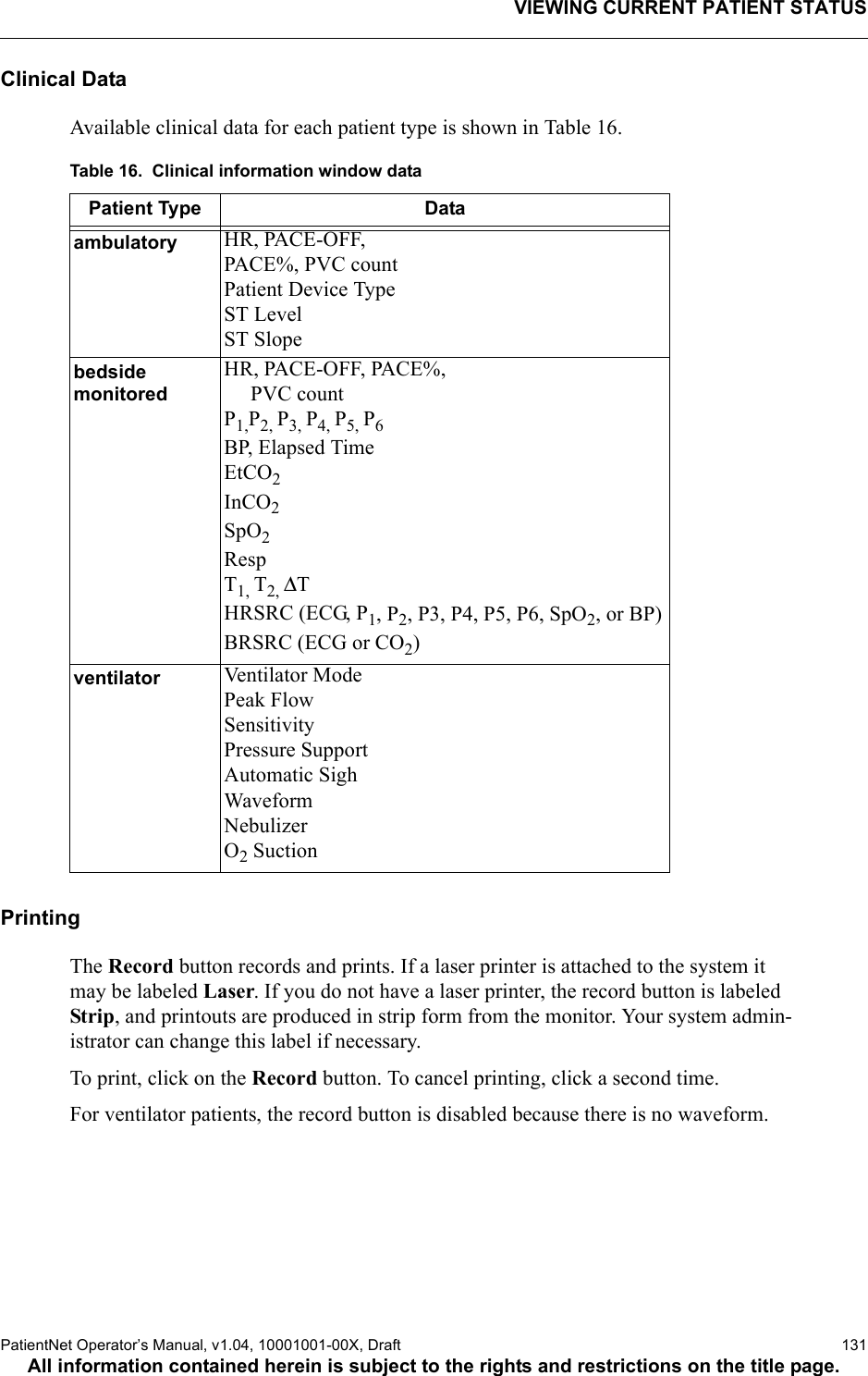 VIEWING CURRENT PATIENT STATUSPatientNet Operator’s Manual, v1.04, 10001001-00X, Draft   131All information contained herein is subject to the rights and restrictions on the title page.Clinical DataAvailable clinical data for each patient type is shown in Table 16.PrintingThe Record button records and prints. If a laser printer is attached to the system it may be labeled Laser. If you do not have a laser printer, the record button is labeled Strip, and printouts are produced in strip form from the monitor. Your system admin-istrator can change this label if necessary. To print, click on the Record button. To cancel printing, click a second time.For ventilator patients, the record button is disabled because there is no waveform.Table 16.  Clinical information window dataPatient Type Dataambulatory HR, PACE-OFF, PACE%, PVC countPatient Device TypeST LevelST Slopebedside monitoredHR, PACE-OFF, PACE%,      PVC countP1,P2, P3, P4, P5, P6 BP, Elapsed TimeEtCO2InCO2SpO2RespT1, T2, ∆THRSRC (ECG, P1, P2, P3, P4, P5, P6, SpO2, or BP)BRSRC (ECG or CO2)ventilator Ventilator ModePeak FlowSensitivityPressure SupportAutomatic SighWaveformNebulizerO2 Suction