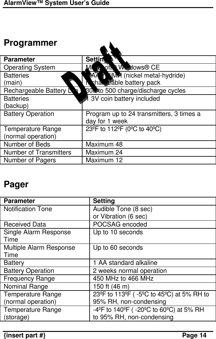 AlarmView™ System User’s Guide    {insert part #} Page 14    Programmer  Parameter Setting Operating System Microsoft® Windows® CE Batteries (main) 1 AAA NiMH (nickel metal-hydride) rechargeable battery pack Rechargeable Battery Life 300 to 500 charge/discharge cycles  Batteries (backup) 1 3V coin battery included Battery Operation Program up to 24 transmitters, 3 times a day for 1 week Temperature Range (normal operation) 23ºF to 112ºF (0ºC to 40ºC)  Number of Beds Maximum 48 Number of Transmitters Maximum 24 Number of Pagers Maximum 12   Pager  Parameter Setting Notification Tone Audible Tone (8 sec) or Vibration (6 sec) Received Data POCSAG encoded Single Alarm Response Time Up to 10 seconds Multiple Alarm Response Time Up to 60 seconds Battery 1 AA standard alkaline Battery Operation 2 weeks normal operation Frequency Range 450 MHz to 466 MHz Nominal Range 150 ft (46 m) Temperature Range (normal operation) 23ºF to 113ºF ( -5ºC to 45ºC) at 5% RH to 95% RH, non-condensing Temperature Range (storage) -4ºF to 140ºF ( -20ºC to 60ºC) at 5% RH to 95% RH, non-condensing 