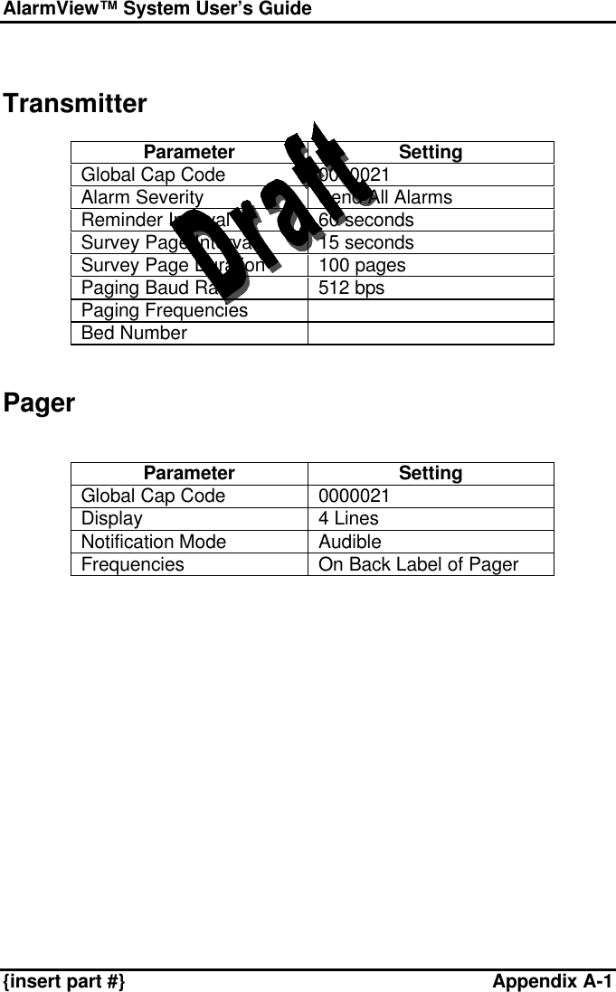 AlarmView™ System User’s Guide    {insert part #}  Appendix A-1   Transmitter  Parameter Setting Global Cap Code 0000021 Alarm Severity Send All Alarms Reminder Interval 60 seconds Survey Page Interval 15 seconds Survey Page Duration 100 pages Paging Baud Rate 512 bps Paging Frequencies   Bed Number    Pager   Parameter Setting Global Cap Code 0000021 Display 4 Lines Notification Mode Audible Frequencies On Back Label of Pager   