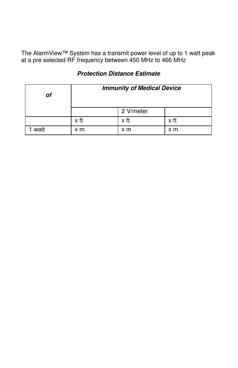 The AlarmView™ System has a transmit power level of up to 1 watt peakat a pre selected RF frequency between 450 MHz to 466 MHzProtection Distance Estimateof Immunity of Medical Device2 V/meterx ft x ft x ft1 watt x m x m x m