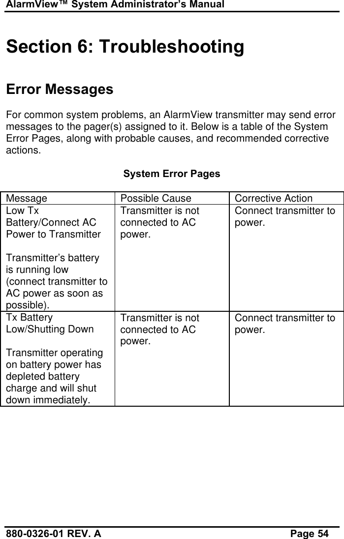 AlarmView™ System Administrator’s Manual880-0326-01 REV. A Page 54Section 6: TroubleshootingError MessagesFor common system problems, an AlarmView transmitter may send errormessages to the pager(s) assigned to it. Below is a table of the SystemError Pages, along with probable causes, and recommended correctiveactions.System Error PagesMessage Possible Cause Corrective ActionLow TxBattery/Connect ACPower to TransmitterTransmitter’s batteryis running low(connect transmitter toAC power as soon aspossible).Transmitter is notconnected to ACpower.Connect transmitter topower.Tx BatteryLow/Shutting DownTransmitter operatingon battery power hasdepleted batterycharge and will shutdown immediately.Transmitter is notconnected to ACpower.Connect transmitter topower.