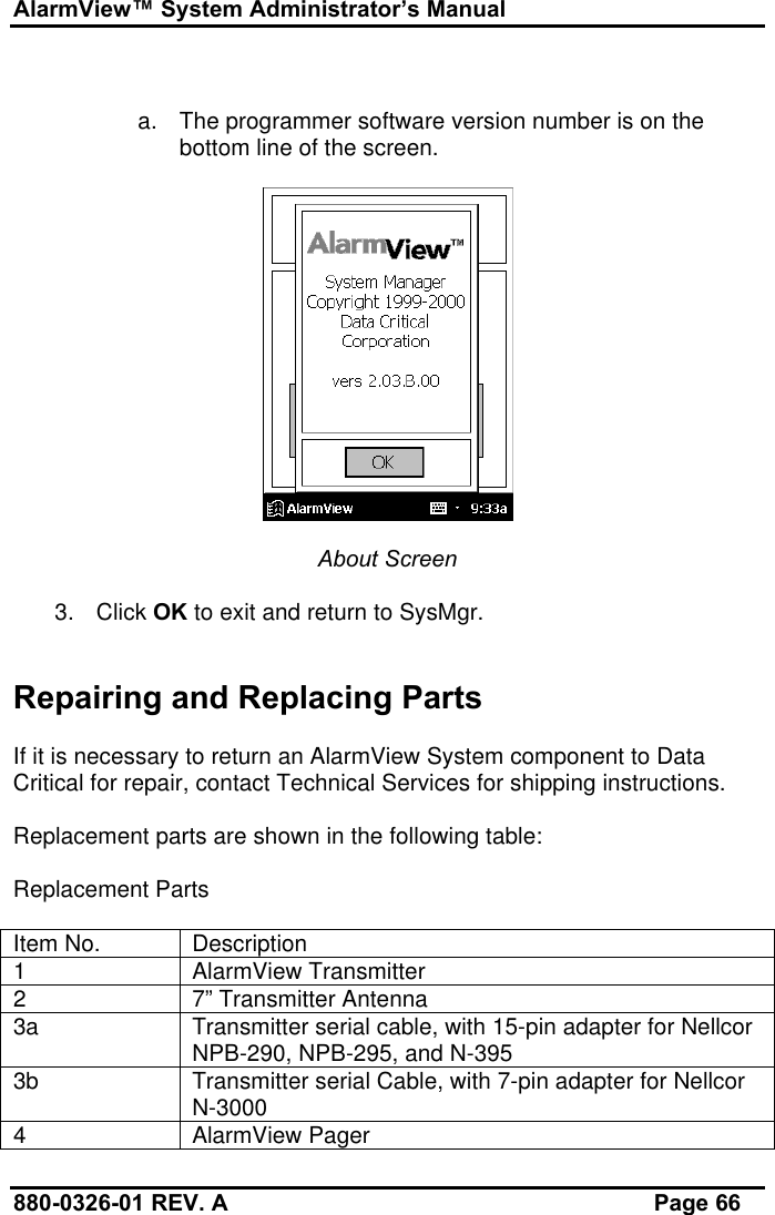 AlarmView™ System Administrator’s Manual880-0326-01 REV. A Page 66a. The programmer software version number is on thebottom line of the screen.About Screen3. Click OK to exit and return to SysMgr.Repairing and Replacing PartsIf it is necessary to return an AlarmView System component to DataCritical for repair, contact Technical Services for shipping instructions.Replacement parts are shown in the following table:Replacement PartsItem No. Description1AlarmView Transmitter27” Transmitter Antenna3a Transmitter serial cable, with 15-pin adapter for NellcorNPB-290, NPB-295, and N-3953b Transmitter serial Cable, with 7-pin adapter for NellcorN-30004AlarmView Pager