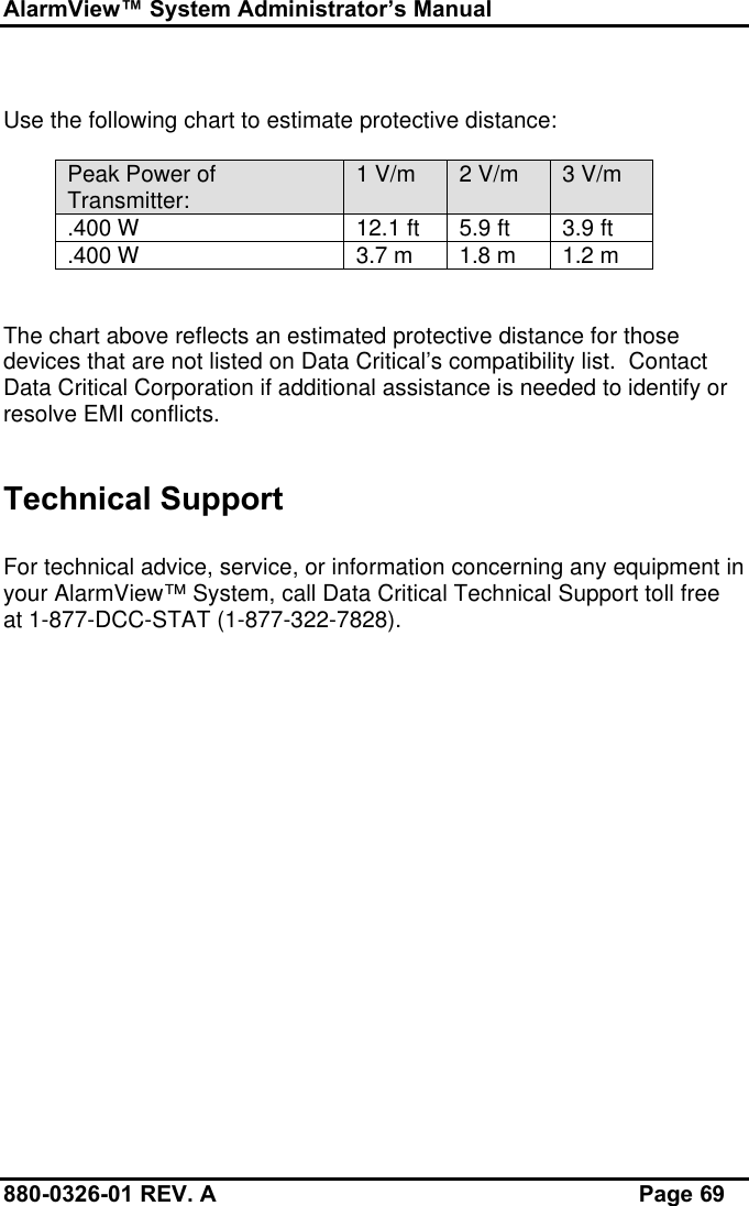 AlarmView™ System Administrator’s Manual880-0326-01 REV. A Page 69Use the following chart to estimate protective distance:Peak Power ofTransmitter: 1 V/m 2 V/m 3 V/m.400 W 12.1 ft 5.9 ft 3.9 ft.400 W 3.7 m 1.8 m 1.2 mThe chart above reflects an estimated protective distance for thosedevices that are not listed on Data Critical’s compatibility list.  ContactData Critical Corporation if additional assistance is needed to identify orresolve EMI conflicts.Technical SupportFor technical advice, service, or information concerning any equipment inyour AlarmView™ System, call Data Critical Technical Support toll freeat 1-877-DCC-STAT (1-877-322-7828).