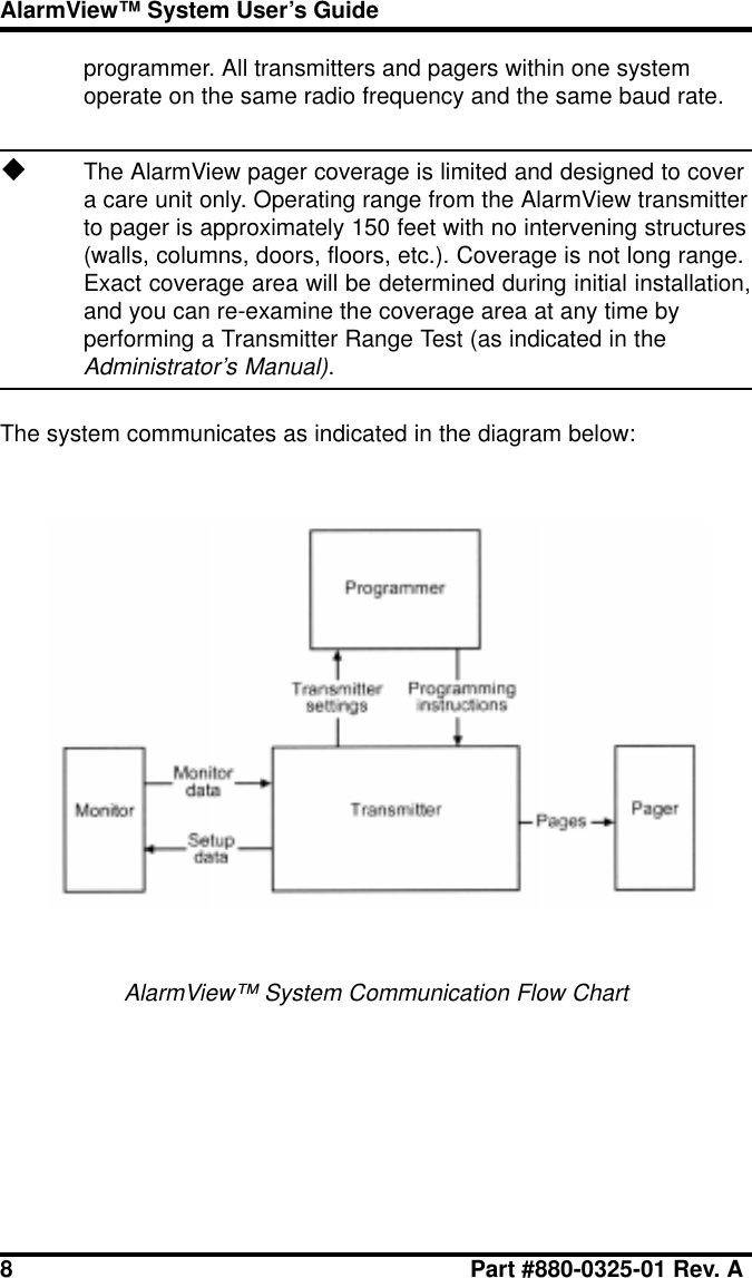 8 Part #880-0325-01 Rev. AAlarmView™ System User’s Guideprogrammer. All transmitters and pagers within one systemoperate on the same radio frequency and the same baud rate.uThe AlarmView pager coverage is limited and designed to covera care unit only. Operating range from the AlarmView transmitterto pager is approximately 150 feet with no intervening structures(walls, columns, doors, floors, etc.). Coverage is not long range.Exact coverage area will be determined during initial installation,and you can re-examine the coverage area at any time byperforming a Transmitter Range Test (as indicated in theAdministrator’s Manual).The system communicates as indicated in the diagram below:AlarmView™ System Communication Flow Chart