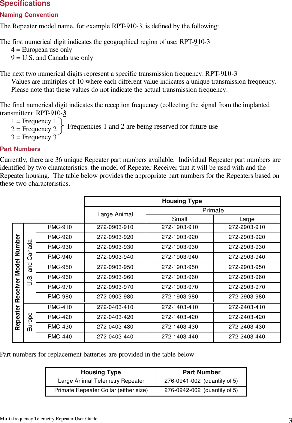 Multi-frequency Telemetry Repeater User Guide      3Specifications Naming Convention The Repeater model name, for example RPT-910-3, is defined by the following:  The first numerical digit indicates the geographical region of use: RPT-910-3 4 = European use only 9 = U.S. and Canada use only  The next two numerical digits represent a specific transmission frequency: RPT-910-3 Values are multiples of 10 where each different value indicates a unique transmission frequency.  Please note that these values do not indicate the actual transmission frequency.  The final numerical digit indicates the reception frequency (collecting the signal from the implanted transmitter): RPT-910-3  1 = Frequency 1 2 = Frequency 2 3 = Frequency 3 Part Numbers Currently, there are 36 unique Repeater part numbers available.  Individual Repeater part numbers are identified by two characteristics: the model of Repeater Receiver that it will be used with and the Repeater housing.  The table below provides the appropriate part numbers for the Repeaters based on these two characteristics.    Housing Type Primate  Large Animal Small Large RMC-910 272-0903-910 272-1903-910 272-2903-910 RMC-920 272-0903-920 272-1903-920 272-2903-920 RMC-930 272-0903-930 272-1903-930 272-2903-930 RMC-940 272-0903-940 272-1903-940 272-2903-940 RMC-950 272-0903-950 272-1903-950 272-2903-950 RMC-960 272-0903-960 272-1903-960 272-2903-960 RMC-970 272-0903-970 272-1903-970 272-2903-970 U.S. and Canada RMC-980 272-0903-980 272-1903-980 272-2903-980 RMC-410 272-0403-410 272-1403-410 272-2403-410 RMC-420 272-0403-420 272-1403-420 272-2403-420 RMC-430 272-0403-430 272-1403-430 272-2403-430 Repeater Receiver Model Number Europe RMC-440 272-0403-440 272-1403-440 272-2403-440  Part numbers for replacement batteries are provided in the table below.  Housing Type Part Number Large Animal Telemetry Repeater 276-0941-002  (quantity of 5) Primate Repeater Collar (either size) 276-0942-002  (quantity of 5)  Frequencies 1 and 2 are being reserved for future use 