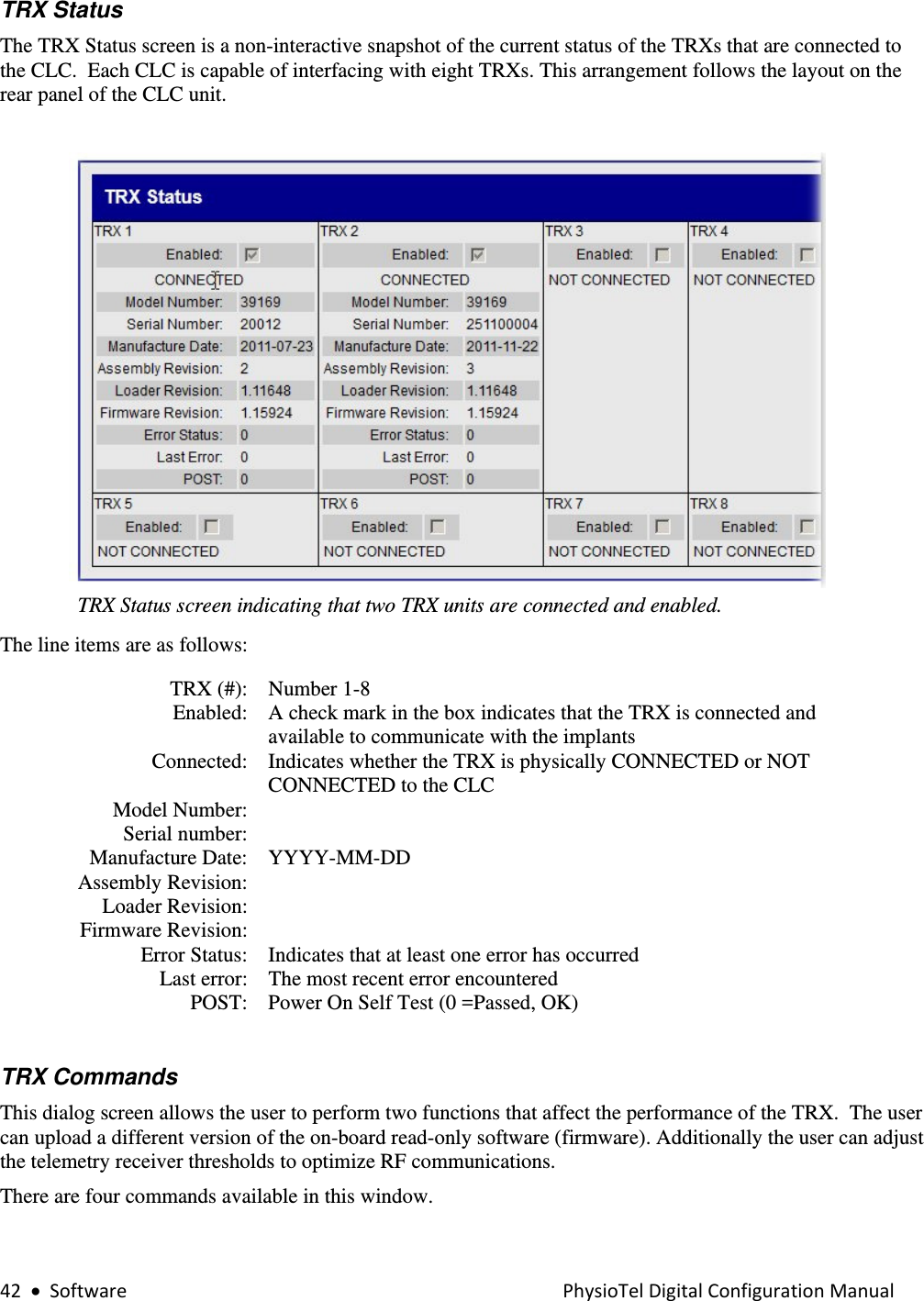 42•SoftwarePhysioTelDigitalConfigurationManualTRX Status The TRX Status screen is a non-interactive snapshot of the current status of the TRXs that are connected to the CLC.  Each CLC is capable of interfacing with eight TRXs. This arrangement follows the layout on the rear panel of the CLC unit.   TRX Status screen indicating that two TRX units are connected and enabled. The line items are as follows:  TRX (#):  Number 1-8 Enabled:  A check mark in the box indicates that the TRX is connected and available to communicate with the implants Connected:  Indicates whether the TRX is physically CONNECTED or NOT CONNECTED to the CLC  Model Number:   Serial number:   Manufacture Date:  YYYY-MM-DD Assembly Revision:   Loader Revision:   Firmware Revision:   Error Status:   Indicates that at least one error has occurred Last error:   The most recent error encountered   POST:   Power On Self Test (0 =Passed, OK)  TRX Commands This dialog screen allows the user to perform two functions that affect the performance of the TRX.  The user can upload a different version of the on-board read-only software (firmware). Additionally the user can adjust the telemetry receiver thresholds to optimize RF communications. There are four commands available in this window. 