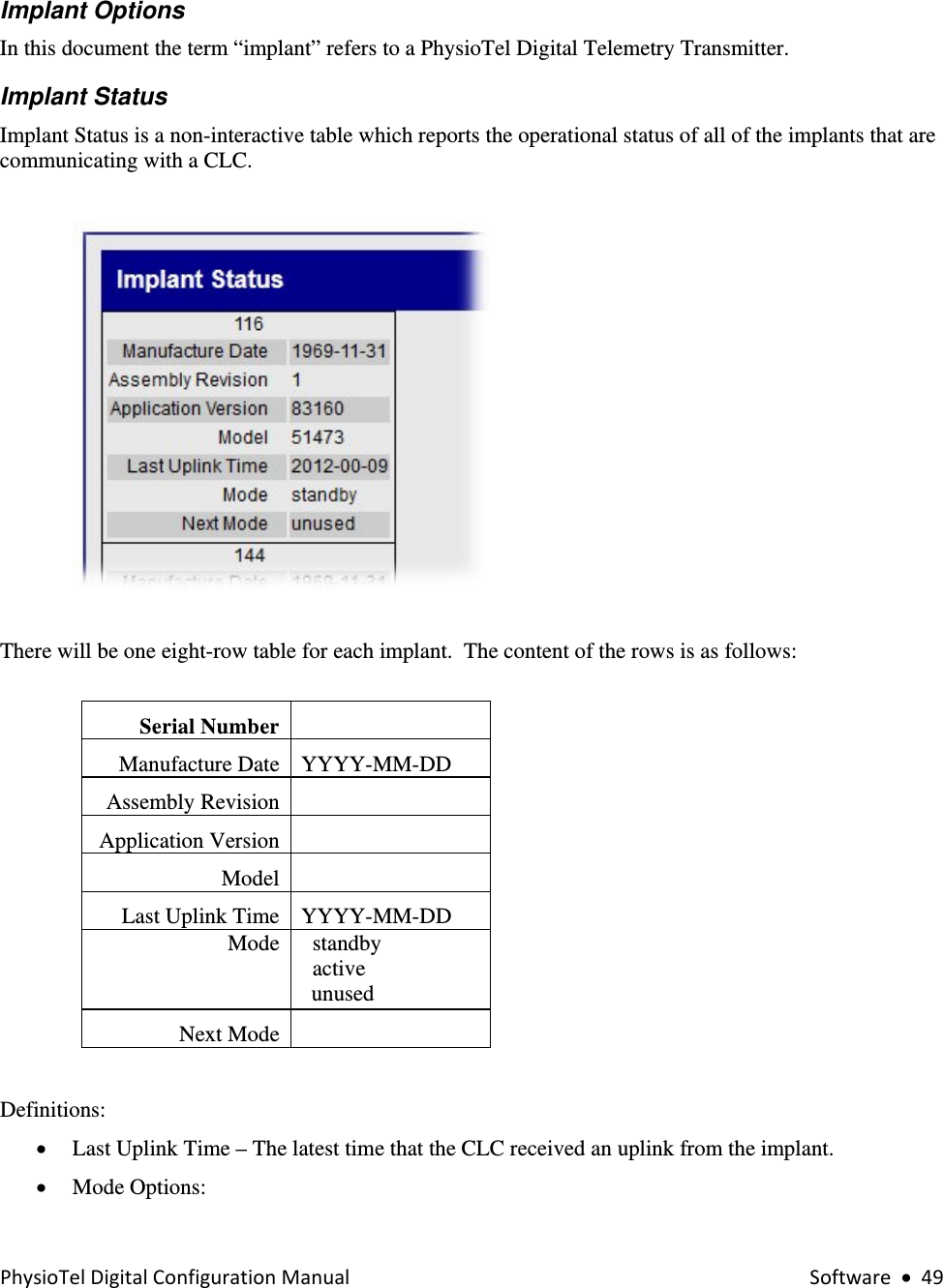 PhysioTelDigitalConfigurationManual Software•49  Implant Options  In this document the term “implant” refers to a PhysioTel Digital Telemetry Transmitter.    Implant Status Implant Status is a non-interactive table which reports the operational status of all of the implants that are communicating with a CLC.    There will be one eight-row table for each implant.  The content of the rows is as follows:  Serial Number   Manufacture Date   YYYY-MM-DD Assembly Revision    Application Version   Model    Last Uplink Time  YYYY-MM-DD Mode     standby   active    unused  Next Mode    Definitions: • Last Uplink Time – The latest time that the CLC received an uplink from the implant.   • Mode Options: 