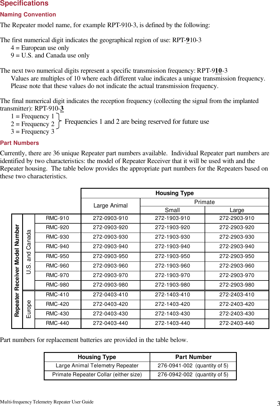 Multi-frequency Telemetry Repeater User Guide      3Specifications Naming Convention The Repeater model name, for example RPT-910-3, is defined by the following:  The first numerical digit indicates the geographical region of use: RPT-910-3 4 = European use only 9 = U.S. and Canada use only  The next two numerical digits represent a specific transmission frequency: RPT-910-3 Values are multiples of 10 where each different value indicates a unique transmission frequency.  Please note that these values do not indicate the actual transmission frequency.  The final numerical digit indicates the reception frequency (collecting the signal from the implanted transmitter): RPT-910-3  1 = Frequency 1 2 = Frequency 2 3 = Frequency 3 Part Numbers Currently, there are 36 unique Repeater part numbers available.  Individual Repeater part numbers are identified by two characteristics: the model of Repeater Receiver that it will be used with and the Repeater housing.  The table below provides the appropriate part numbers for the Repeaters based on these two characteristics.    Housing Type Primate  Large Animal Small Large RMC-910 272-0903-910 272-1903-910 272-2903-910 RMC-920 272-0903-920 272-1903-920 272-2903-920 RMC-930 272-0903-930 272-1903-930 272-2903-930 RMC-940 272-0903-940 272-1903-940 272-2903-940 RMC-950 272-0903-950 272-1903-950 272-2903-950 RMC-960 272-0903-960 272-1903-960 272-2903-960 RMC-970 272-0903-970 272-1903-970 272-2903-970 U.S. and Canada RMC-980 272-0903-980 272-1903-980 272-2903-980 RMC-410 272-0403-410 272-1403-410 272-2403-410 RMC-420 272-0403-420 272-1403-420 272-2403-420 RMC-430 272-0403-430 272-1403-430 272-2403-430 Repeater Receiver Model Number Europe RMC-440 272-0403-440 272-1403-440 272-2403-440  Part numbers for replacement batteries are provided in the table below.  Housing Type Part Number Large Animal Telemetry Repeater 276-0941-002  (quantity of 5) Primate Repeater Collar (either size) 276-0942-002  (quantity of 5)  Frequencies 1 and 2 are being reserved for future use 