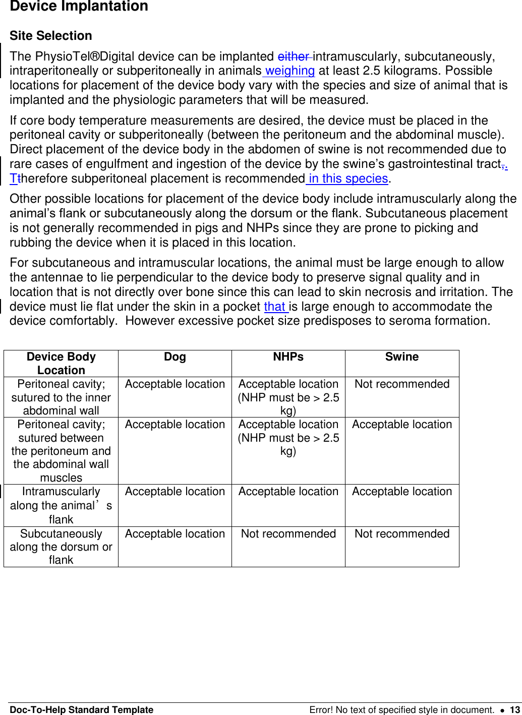 Doc-To-Help Standard Template  Error! No text of specified style in document.    13 Device Implantation  Site Selection The PhysioTel®Digital device can be implanted either intramuscularly, subcutaneously, intraperitoneally or subperitoneally in animals weighing at least 2.5 kilograms. Possible locations for placement of the device body vary with the species and size of animal that is implanted and the physiologic parameters that will be measured. If core body temperature measurements are desired, the device must be placed in the peritoneal cavity or subperitoneally (between the peritoneum and the abdominal muscle). Direct placement of the device body in the abdomen of swine is not recommended due to rare cases of engulfment and ingestion of the device by the swine’s gastrointestinal tract,. Ttherefore subperitoneal placement is recommended in this species.  Other possible locations for placement of the device body include intramuscularly along the animal’s flank or subcutaneously along the dorsum or the flank. Subcutaneous placement is not generally recommended in pigs and NHPs since they are prone to picking and rubbing the device when it is placed in this location.  For subcutaneous and intramuscular locations, the animal must be large enough to allow the antennae to lie perpendicular to the device body to preserve signal quality and in location that is not directly over bone since this can lead to skin necrosis and irritation. The device must lie flat under the skin in a pocket that is large enough to accommodate the device comfortably.  However excessive pocket size predisposes to seroma formation.   Device Body Location Dog NHPs Swine Peritoneal cavity; sutured to the inner abdominal wall Acceptable location Acceptable location (NHP must be &gt; 2.5 kg) Not recommended Peritoneal cavity; sutured between the peritoneum and the abdominal wall muscles Acceptable location Acceptable location (NHP must be &gt; 2.5 kg) Acceptable location Intramuscularly along the animal’s flank Acceptable location Acceptable location Acceptable location Subcutaneously along the dorsum or flank Acceptable location Not recommended Not recommended     