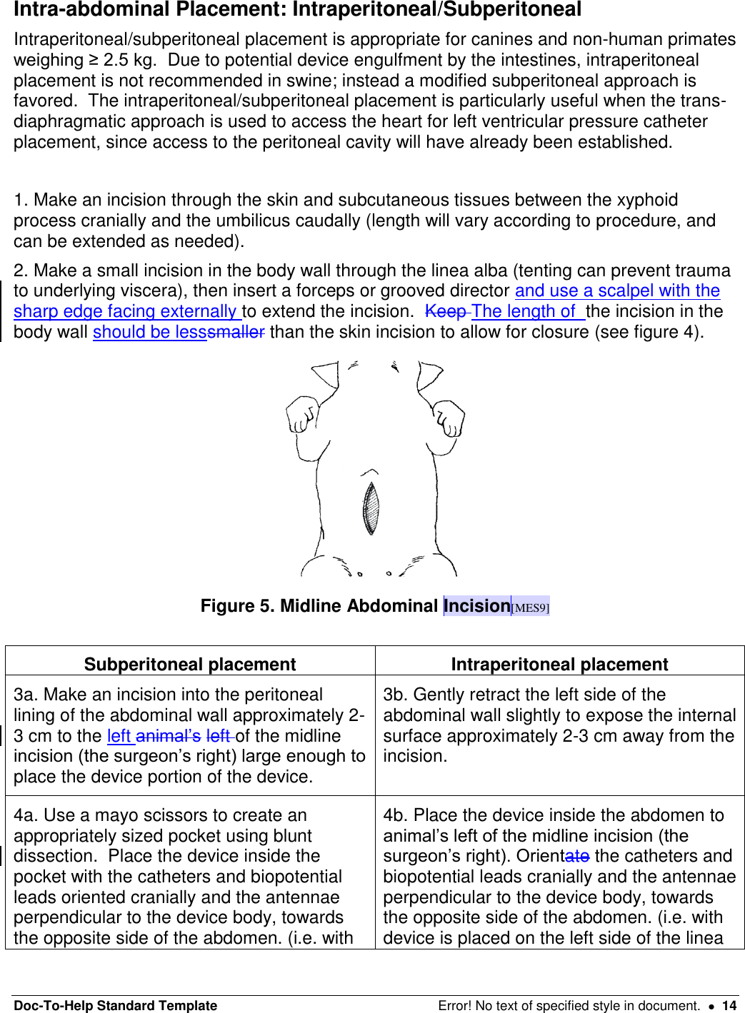 Doc-To-Help Standard Template  Error! No text of specified style in document.    14 Intra-abdominal Placement: Intraperitoneal/Subperitoneal Intraperitoneal/subperitoneal placement is appropriate for canines and non-human primates weighing ≥ 2.5 kg.  Due to potential device engulfment by the intestines, intraperitoneal placement is not recommended in swine; instead a modified subperitoneal approach is favored.  The intraperitoneal/subperitoneal placement is particularly useful when the trans-diaphragmatic approach is used to access the heart for left ventricular pressure catheter placement, since access to the peritoneal cavity will have already been established.    1. Make an incision through the skin and subcutaneous tissues between the xyphoid process cranially and the umbilicus caudally (length will vary according to procedure, and can be extended as needed). 2. Make a small incision in the body wall through the linea alba (tenting can prevent trauma to underlying viscera), then insert a forceps or grooved director and use a scalpel with the sharp edge facing externally to extend the incision.  Keep The length of  the incision in the body wall should be lesssmaller than the skin incision to allow for closure (see figure 4).  Figure 5. Midline Abdominal Incision[MES9]  Subperitoneal placement Intraperitoneal placement 3a. Make an incision into the peritoneal lining of the abdominal wall approximately 2-3 cm to the left animal’s left of the midline incision (the surgeon’s right) large enough to place the device portion of the device.   3b. Gently retract the left side of the abdominal wall slightly to expose the internal surface approximately 2-3 cm away from the incision.   4a. Use a mayo scissors to create an appropriately sized pocket using blunt dissection.  Place the device inside the pocket with the catheters and biopotential leads oriented cranially and the antennae perpendicular to the device body, towards the opposite side of the abdomen. (i.e. with 4b. Place the device inside the abdomen to animal’s left of the midline incision (the surgeon’s right). Orientate the catheters and biopotential leads cranially and the antennae perpendicular to the device body, towards the opposite side of the abdomen. (i.e. with  device is placed on the left side of the linea 