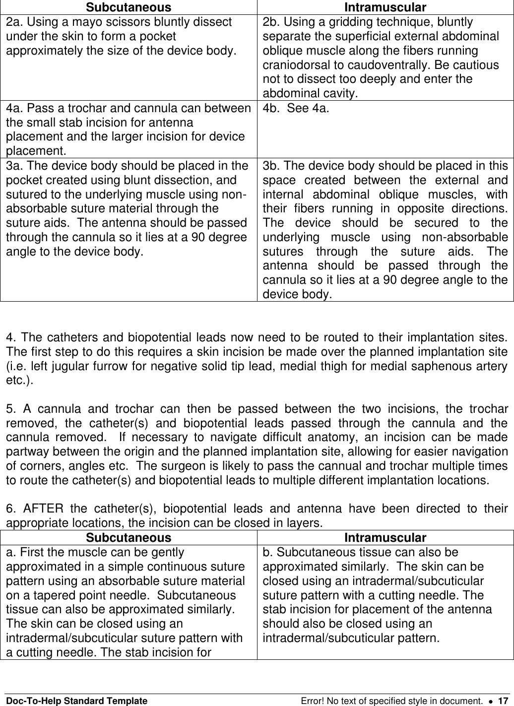 Doc-To-Help Standard Template  Error! No text of specified style in document.    17 Subcutaneous  Intramuscular 2a. Using a mayo scissors bluntly dissect under the skin to form a pocket approximately the size of the device body.    2b. Using a gridding technique, bluntly separate the superficial external abdominal oblique muscle along the fibers running craniodorsal to caudoventrally. Be cautious not to dissect too deeply and enter the abdominal cavity.   4a. Pass a trochar and cannula can between the small stab incision for antenna placement and the larger incision for device placement.  4b.  See 4a.  3a. The device body should be placed in the pocket created using blunt dissection, and sutured to the underlying muscle using non-absorbable suture material through the suture aids.  The antenna should be passed through the cannula so it lies at a 90 degree angle to the device body.  3b. The device body should be placed in this space  created  between  the  external  and internal  abdominal  oblique  muscles,  with their  fibers  running  in  opposite  directions. The  device  should  be  secured  to  the underlying  muscle  using  non-absorbable sutures  through  the  suture  aids.  The antenna  should  be  passed  through  the cannula so it lies at a 90 degree angle to the device body.   4. The catheters and biopotential leads now need to be routed to their implantation sites.  The first step to do this requires a skin incision be made over the planned implantation site (i.e. left jugular furrow for negative solid tip lead, medial thigh for medial saphenous artery etc.).    5.  A  cannula  and  trochar  can  then  be  passed  between  the  two  incisions,  the  trochar removed,  the  catheter(s)  and  biopotential  leads  passed  through  the  cannula  and  the cannula  removed.    If  necessary  to  navigate  difficult  anatomy,  an  incision  can  be  made partway between the origin and the planned implantation site, allowing for easier navigation of corners, angles etc.  The surgeon is likely to pass the cannual and trochar multiple times to route the catheter(s) and biopotential leads to multiple different implantation locations.   6.  AFTER  the  catheter(s),  biopotential  leads  and  antenna  have  been  directed  to  their appropriate locations, the incision can be closed in layers.   Subcutaneous  Intramuscular a. First the muscle can be gently approximated in a simple continuous suture pattern using an absorbable suture material on a tapered point needle.  Subcutaneous tissue can also be approximated similarly.  The skin can be closed using an intradermal/subcuticular suture pattern with a cutting needle. The stab incision for b. Subcutaneous tissue can also be approximated similarly.  The skin can be closed using an intradermal/subcuticular suture pattern with a cutting needle. The stab incision for placement of the antenna should also be closed using an intradermal/subcuticular pattern.   