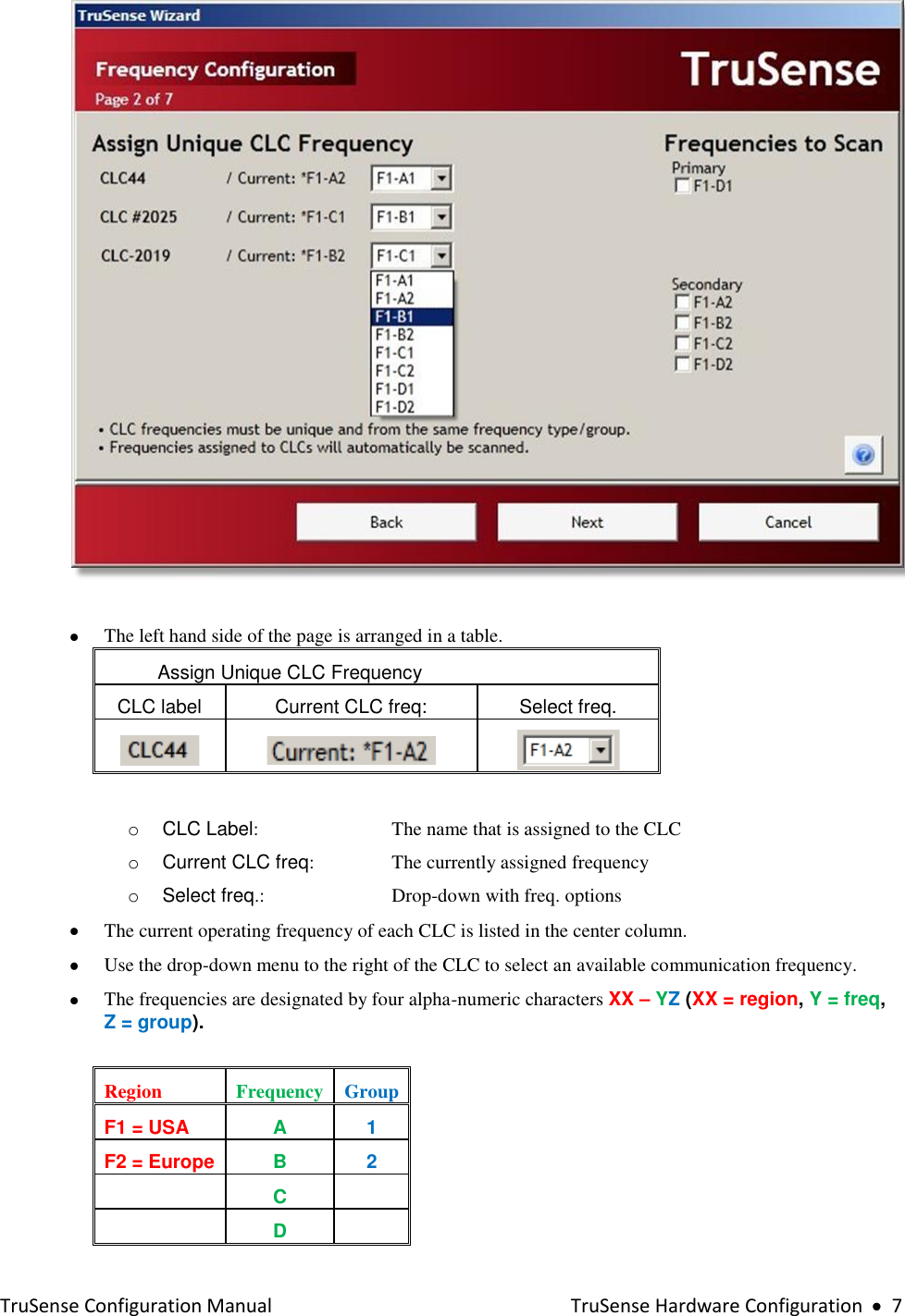  TruSense Configuration Manual    TruSense Hardware Configuration     7    The left hand side of the page is arranged in a table.            Assign Unique CLC Frequency CLC label Current CLC freq: Select freq.     o  CLC Label:  The name that is assigned to the CLC o  Current CLC freq: The currently assigned frequency o  Select freq.: Drop-down with freq. options  The current operating frequency of each CLC is listed in the center column.  Use the drop-down menu to the right of the CLC to select an available communication frequency.  The frequencies are designated by four alpha-numeric characters XX – YZ (XX = region, Y = freq, Z = group).  Region Frequency Group F1 = USA A 1 F2 = Europe B 2  C   D  