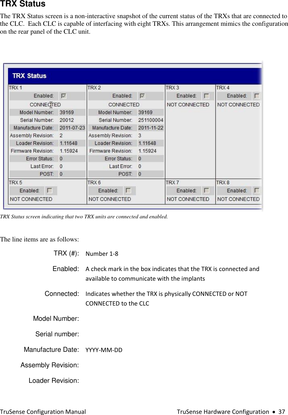  TruSense Configuration Manual    TruSense Hardware Configuration     37 TRX Status The TRX Status screen is a non-interactive snapshot of the current status of the TRXs that are connected to the CLC.  Each CLC is capable of interfacing with eight TRXs. This arrangement mimics the configuration on the rear panel of the CLC unit.    TRX Status screen indicating that two TRX units are connected and enabled.  The line items are as follows:  TRX (#): Number 1-8 Enabled: A check mark in the box indicates that the TRX is connected and available to communicate with the implants Connected: Indicates whether the TRX is physically CONNECTED or NOT CONNECTED to the CLC  Model Number:  Serial number:  Manufacture Date: YYYY-MM-DD Assembly Revision:  Loader Revision:  