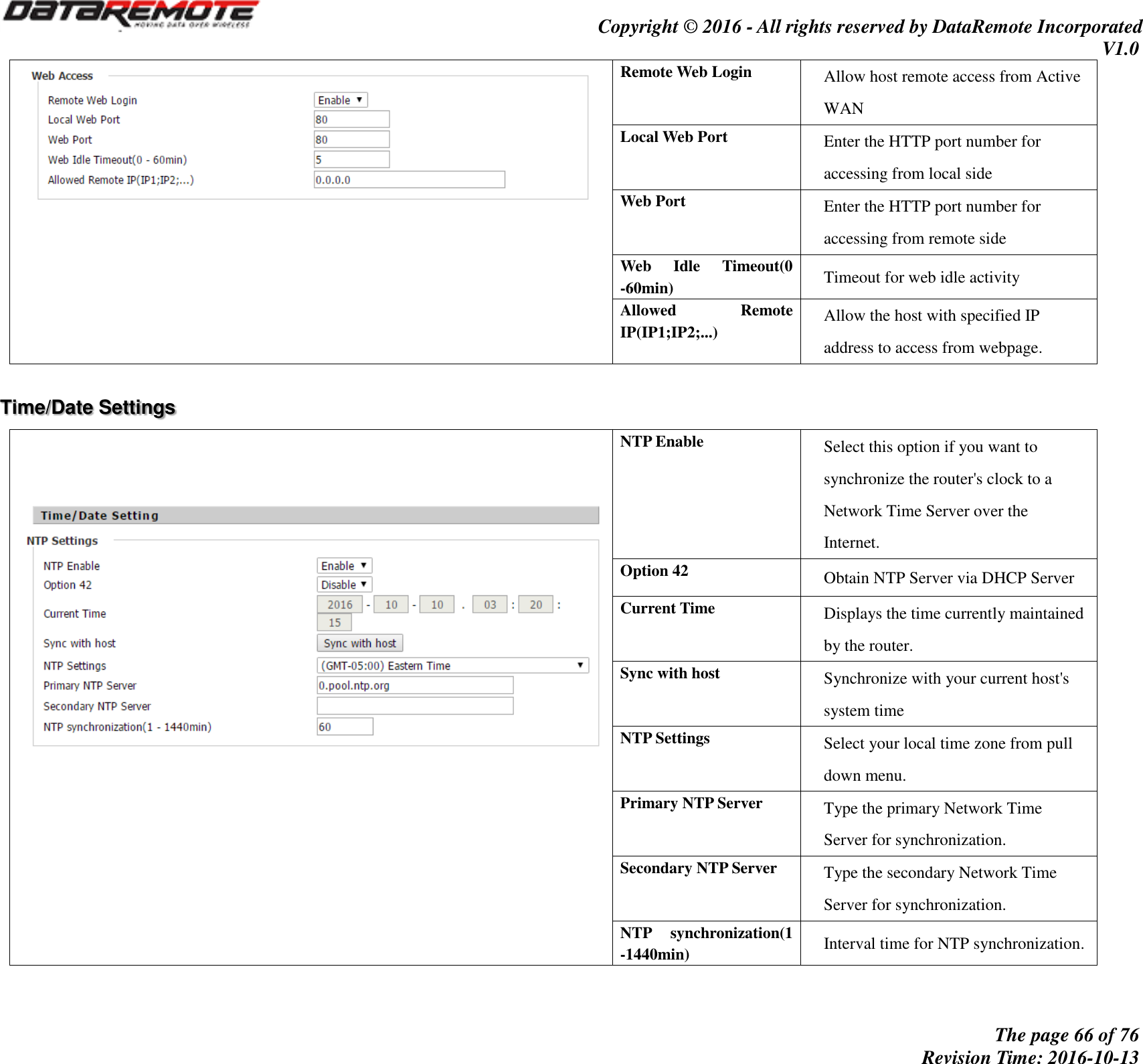                                         Copyright © 2016 - All rights reserved by DataRemote Incorporated V1.0                                                          The page 66 of 76 Revision Time: 2016-10-13         Remote Web Login   Allow host remote access from Active WAN Local Web Port   Enter the HTTP port number for accessing from local side   Web Port Enter the HTTP port number for accessing from remote side Web  Idle  Timeout(0 -60min) Timeout for web idle activity Allowed  Remote IP(IP1;IP2;...) Allow the host with specified IP address to access from webpage.  Time/Date Settings     NTP Enable Select this option if you want to synchronize the router&apos;s clock to a Network Time Server over the Internet.   Option 42 Obtain NTP Server via DHCP Server Current Time Displays the time currently maintained by the router.   Sync with host Synchronize with your current host&apos;s system time NTP Settings Select your local time zone from pull down menu. Primary NTP Server Type the primary Network Time Server for synchronization. Secondary NTP Server Type the secondary Network Time Server for synchronization. NTP  synchronization(1 -1440min) Interval time for NTP synchronization.  