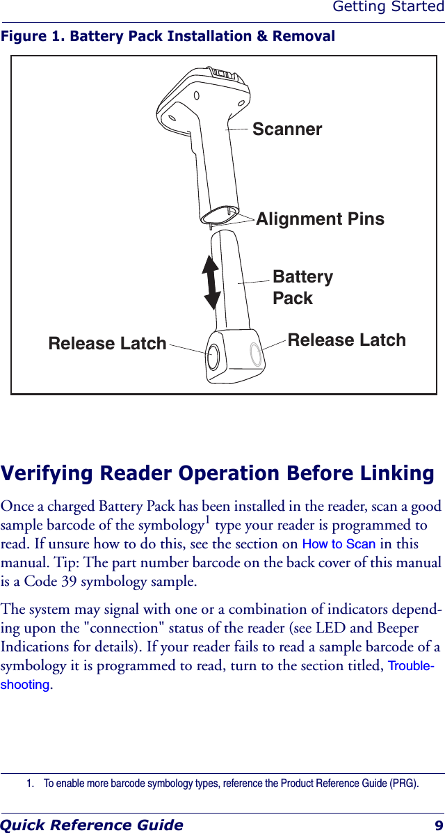 Getting StartedQuick Reference Guide 9Figure 1. Battery Pack Installation &amp; RemovalVerifying Reader Operation Before LinkingOnce a charged Battery Pack has been installed in the reader, scan a good sample barcode of the symbology1 type your reader is programmed to read. If unsure how to do this, see the section on How to Scan in this manual. Tip: The part number barcode on the back cover of this manual is a Code 39 symbology sample.The system may signal with one or a combination of indicators depend-ing upon the &quot;connection&quot; status of the reader (see LED and Beeper Indications for details). If your reader fails to read a sample barcode of a symbology it is programmed to read, turn to the section titled, Trouble-shooting.1. To enable more barcode symbology types, reference the Product Reference Guide (PRG).ScannerAlignment PinsRelease Latch Release LatchBatteryPack
