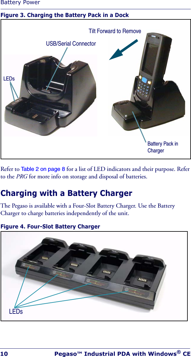Battery Power10 Pegaso™ Industrial PDA with Windows® CEFigure 3. Charging the Battery Pack in a DockRefer to Table 2 on page 8 for a list of LED indicators and their purpose. Refer to the PRG for more info on storage and disposal of batteries. Charging with a Battery Charger The Pegaso is available with a Four-Slot Battery Charger. Use the Battery Charger to charge batteries independently of the unit. Figure 4. Four-Slot Battery Charger USB/Serial ConnectorTilt Forward to RemoveLEDsBattery Pack in ChargerLEDs