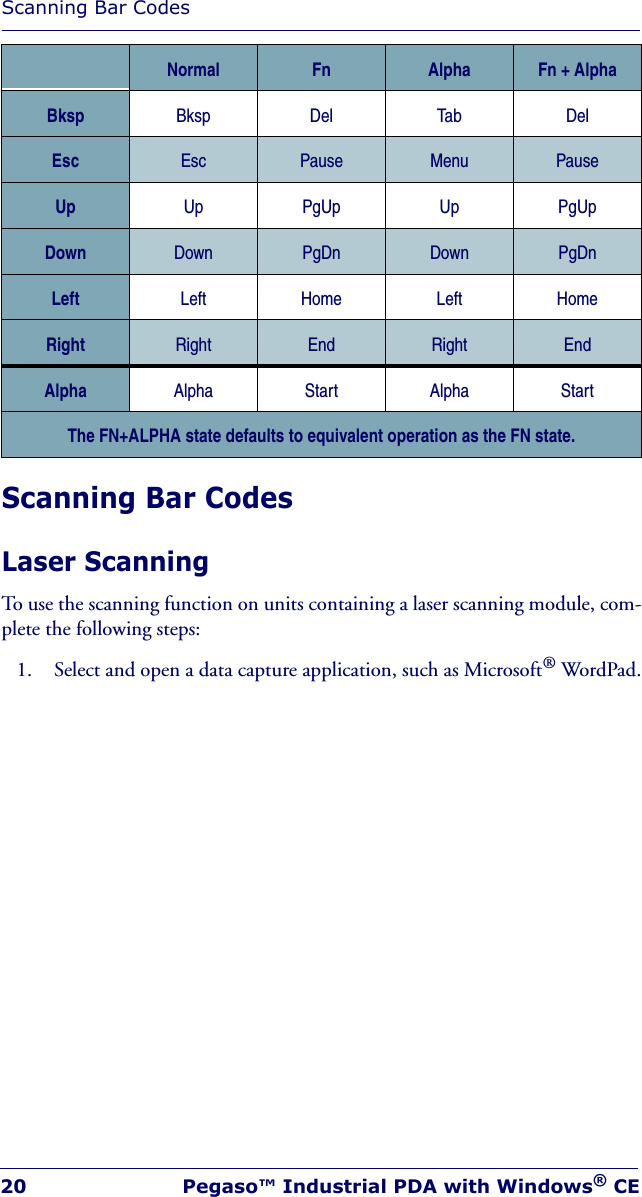 Scanning Bar Codes20 Pegaso™ Industrial PDA with Windows® CEScanning Bar CodesLaser ScanningTo use the scanning function on units containing a laser scanning module, com-plete the following steps:1. Select and open a data capture application, such as Microsoft® WordPad.Bksp Bksp Del Tab DelEsc Esc Pause Menu PauseUp Up PgUp Up PgUpDown Down PgDn Down PgDnLeft Left Home Left HomeRight Right End Right EndAlpha Alpha Start Alpha StartThe FN+ALPHA state defaults to equivalent operation as the FN state.Normal Fn Alpha Fn + Alpha