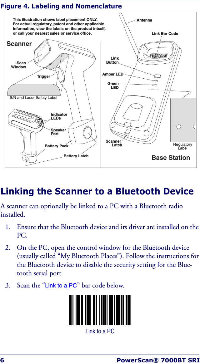 6 PowerScan® 7000BT SRIFigure 4. Labeling and NomenclatureLinking the Scanner to a Bluetooth DeviceA scanner can optionally be linked to a PC with a Bluetooth radio installed.1. Ensure that the Bluetooth device and its driver are installed on the PC.2. On the PC, open the control window for the Bluetooth device (usually called “My Bluetooth Places”). Follow the instructions for the Bluetooth device to disable the security setting for the Blue-tooth serial port.3. Scan the “Link to a PC” bar code below.This illustration shows label placement ONLY.For actual regulatory, patent and other applicableinformation, view the labels on the product intself,or call your nearest sales or service office.ScanWindowTriggerIndicatorLEDsS/N and Laser Safety LabelSpeakerPortThis product is covered by patents listed in the product manualand at www.psc.com/patents. Complies with 21CFR 1040 RulesAvoid Exposure — Laser Radiation is Emitted from this Device.Laser Radiation — Do not stare into Beam1mW — 650 nm Class 2 Laser ProductBased on 10 sec — EN60825-1:20012005-04-18Model PS7000I/F: RS-232Class No: PS7000-123400-1200This product is convered by patents listed in theproduct manual  and at www.psc.com/patents.PSC Inc.959 Terry StEugene, OR97402 USAS/N: B000001Battery PackBattery LatchAntennaLink Bar CodeScanner LatchLinkButtonAmber LEDGreenLEDRegulatoryLabelScannerBase Station Link to a PC