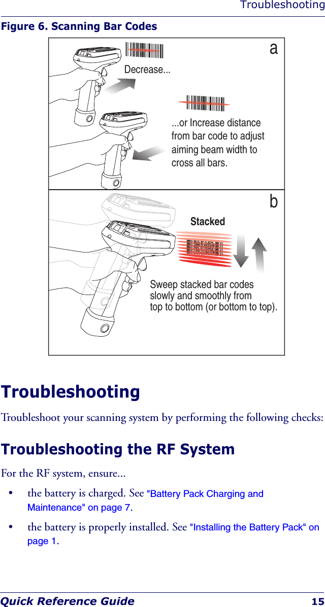 TroubleshootingQuick Reference Guide 15Figure 6. Scanning Bar CodesTroubleshootingTroubleshoot your scanning system by performing the following checks:Troubleshooting the RF SystemFor the RF system, ensure...• the battery is charged. See &quot;Battery Pack Charging and Maintenance&quot; on page 7.• the battery is properly installed. See &quot;Installing the Battery Pack&quot; on page 1.Decrease...ab...or Increase distancefrom bar code to adjustaiming beam width tocross all bars.Sweep stacked bar codesslowly and smoothly fromtop to bottom (or bottom to top).Stacked