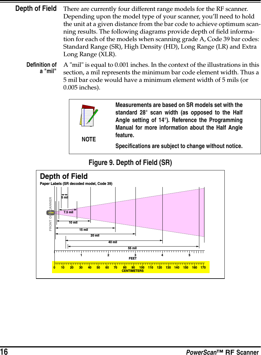 16 PowerScan™ RF ScannerDepth of Field There are currently four different range models for the RF scanner. Depending upon the model type of your scanner, you’ll need to hold the unit at a given distance from the bar code to achieve optimum scan-ning results. The following diagrams provide depth of field informa-tion for each of the models when scanning grade A, Code 39 bar codes: Standard Range (SR), High Density (HD), Long Range (LR) and Extra Long Range (XLR).Definition ofa &quot;mil&quot;A &quot;mil&quot; is equal to 0.001 inches. In the context of the illustrations in this section, a mil represents the minimum bar code element width. Thus a 5 mil bar code would have a minimum element width of 5 mils (or 0.005 inches).Figure 9. Depth of Field (SR)NOTEMeasurements are based on SR models set with thestandard 28° scan width (as opposed to the HalfAngle setting of 14°). Reference the ProgrammingManual for more information about the Half Anglefeature.Specifications are subject to change without notice.Depth of FieldPaper Labels (SR decoded model, Code 39) 020 mil15 mil10 mil5 milCENTIMETERSFEETFRONT OF SCANNER101234520 30 40 50 60 70 80 90 100 110 120 130 140 150 160 17040 mil7.5 mil55 mil