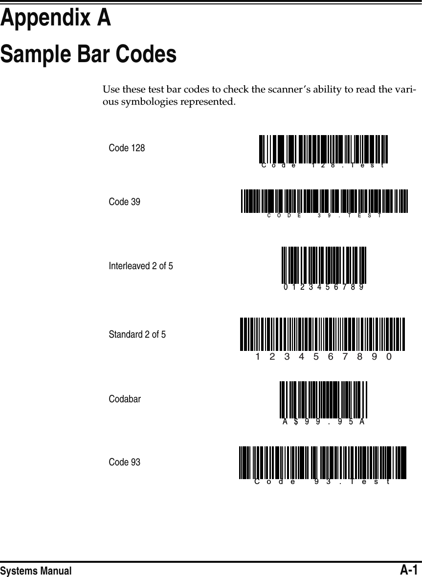 Systems Manual                          A-1Appendix ASample Bar CodesUse these test bar codes to check the scanner’s ability to read the vari-ous symbologies represented.Code 128Code 39Interleaved 2 of 5Standard 2 of 5CodabarCode 93Code  128 . Tes tCODE  3 9 . TE ST01234567891  2  3  4  5  6  7  8  9  0A$99 . 95A Code   93 . Tes t  