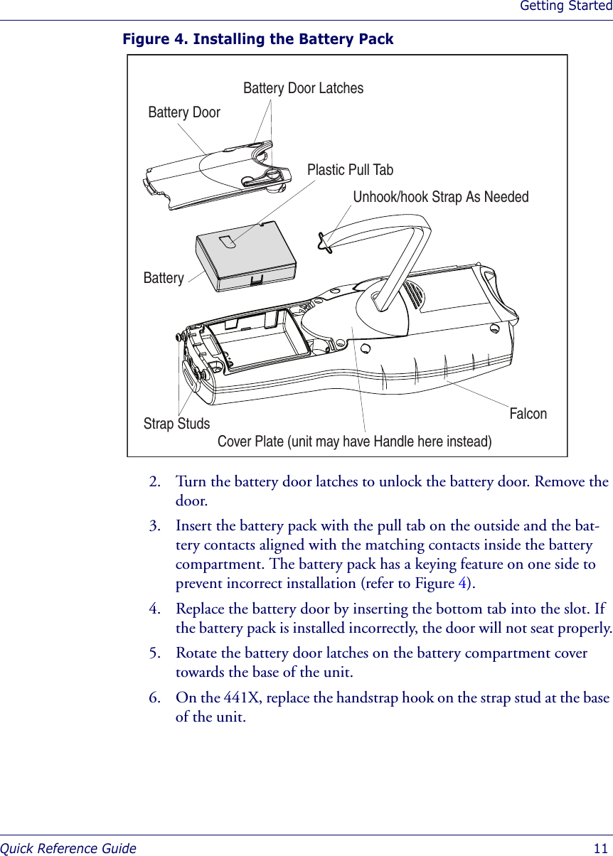 Getting StartedQuick Reference Guide  11Figure 4. Installing the Battery Pack2. Turn the battery door latches to unlock the battery door. Remove the door.3. Insert the battery pack with the pull tab on the outside and the bat-tery contacts aligned with the matching contacts inside the battery compartment. The battery pack has a keying feature on one side to prevent incorrect installation (refer to Figure 4). 4. Replace the battery door by inserting the bottom tab into the slot. If the battery pack is installed incorrectly, the door will not seat properly.5. Rotate the battery door latches on the battery compartment cover towards the base of the unit.6. On the 441X, replace the handstrap hook on the strap stud at the base of the unit.Battery DoorCover Plate (unit may have Handle here instead)FalconBattery Door LatchesUnhook/hook Strap As NeededBatteryPlastic Pull TabStrap Studs