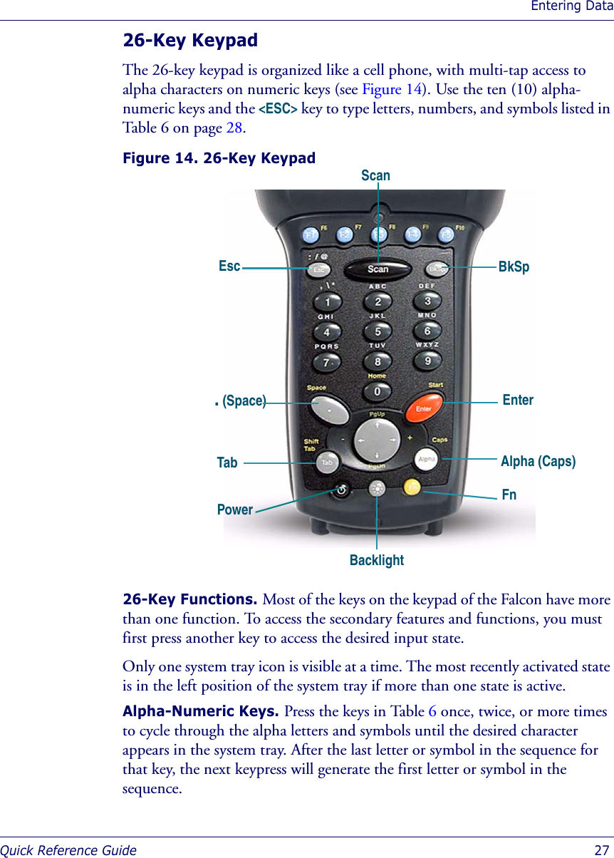 Entering DataQuick Reference Guide  2726-Key KeypadThe 26-key keypad is organized like a cell phone, with multi-tap access to alpha characters on numeric keys (see Figure 14). Use the ten (10) alpha-numeric keys and the &lt;ESC&gt; key to type letters, numbers, and symbols listed in Table 6 on page 28. Figure 14. 26-Key Keypad26-Key Functions. Most of the keys on the keypad of the Falcon have more than one function. To access the secondary features and functions, you must first press another key to access the desired input state. Only one system tray icon is visible at a time. The most recently activated state is in the left position of the system tray if more than one state is active. Alpha-Numeric Keys. Press the keys in Table 6 once, twice, or more times to cycle through the alpha letters and symbols until the desired character appears in the system tray. After the last letter or symbol in the sequence for that key, the next keypress will generate the first letter or symbol in the sequence. ScanAlpha (Caps)Enter Fn Tab. (Space)Esc BkSpBacklightPower