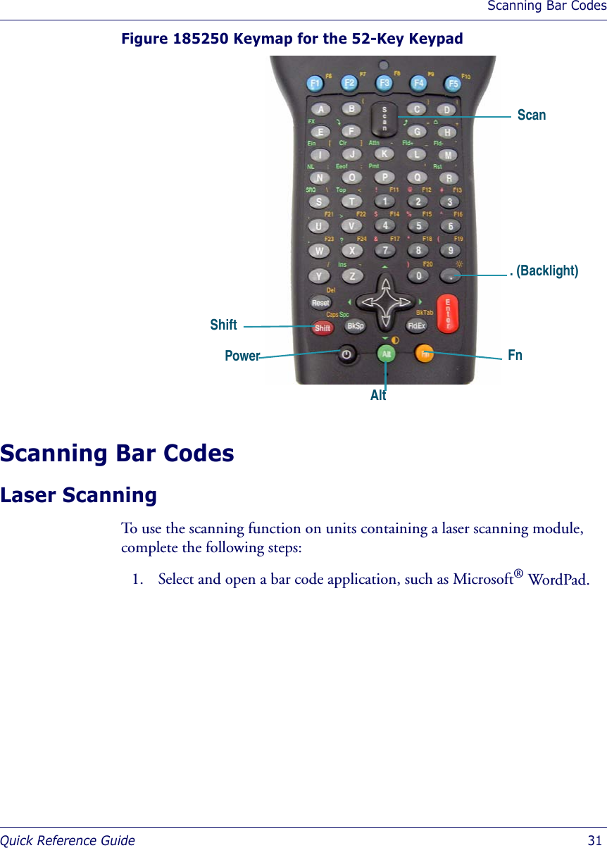 Scanning Bar CodesQuick Reference Guide  31Figure 185250 Keymap for the 52-Key KeypadScanning Bar CodesLaser ScanningTo use the scanning function on units containing a laser scanning module, complete the following steps:1. Select and open a bar code application, such as Microsoft® WordPad.AltFnPowerShift. (Backlight) Scan