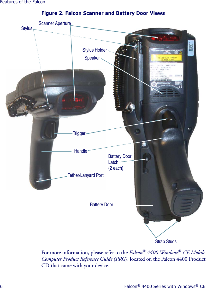 Features of the Falcon6Falcon® 4400 Series with Windows® CEFigure 2. Falcon Scanner and Battery Door ViewsFor more information, please refer to the Falcon® 4400 Windows® CE Mobile Computer Product Reference Guide (PRG), located on the Falcon 4400 Product CD that came with your device.Strap StudsTriggerHandleStylusTether/Lanyard PortStylus HolderBattery DoorSpeakerBattery Door Latch (2 each)Scanner Aperture