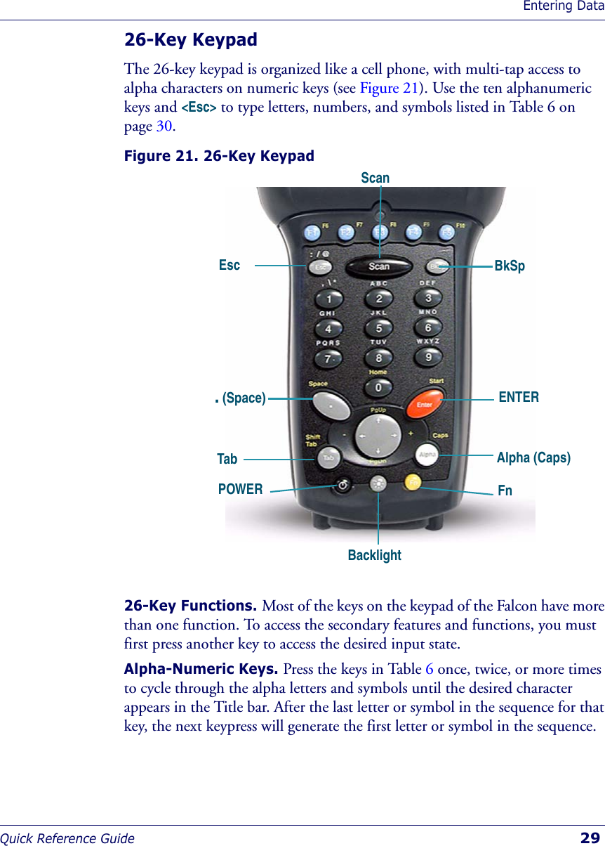 Entering DataQuick Reference Guide  2926-Key KeypadThe 26-key keypad is organized like a cell phone, with multi-tap access to alpha characters on numeric keys (see Figure 21). Use the ten alphanumeric keys and &lt;Esc&gt; to type letters, numbers, and symbols listed in Table 6 on page 30. Figure 21. 26-Key Keypad26-Key Functions. Most of the keys on the keypad of the Falcon have more than one function. To access the secondary features and functions, you must first press another key to access the desired input state. Alpha-Numeric Keys. Press the keys in Table 6 once, twice, or more times to cycle through the alpha letters and symbols until the desired character appears in the Title bar. After the last letter or symbol in the sequence for that key, the next keypress will generate the first letter or symbol in the sequence. ScanAlpha (Caps)ENTER Fn Tab. (Space)Esc BkSpBacklightPOWER