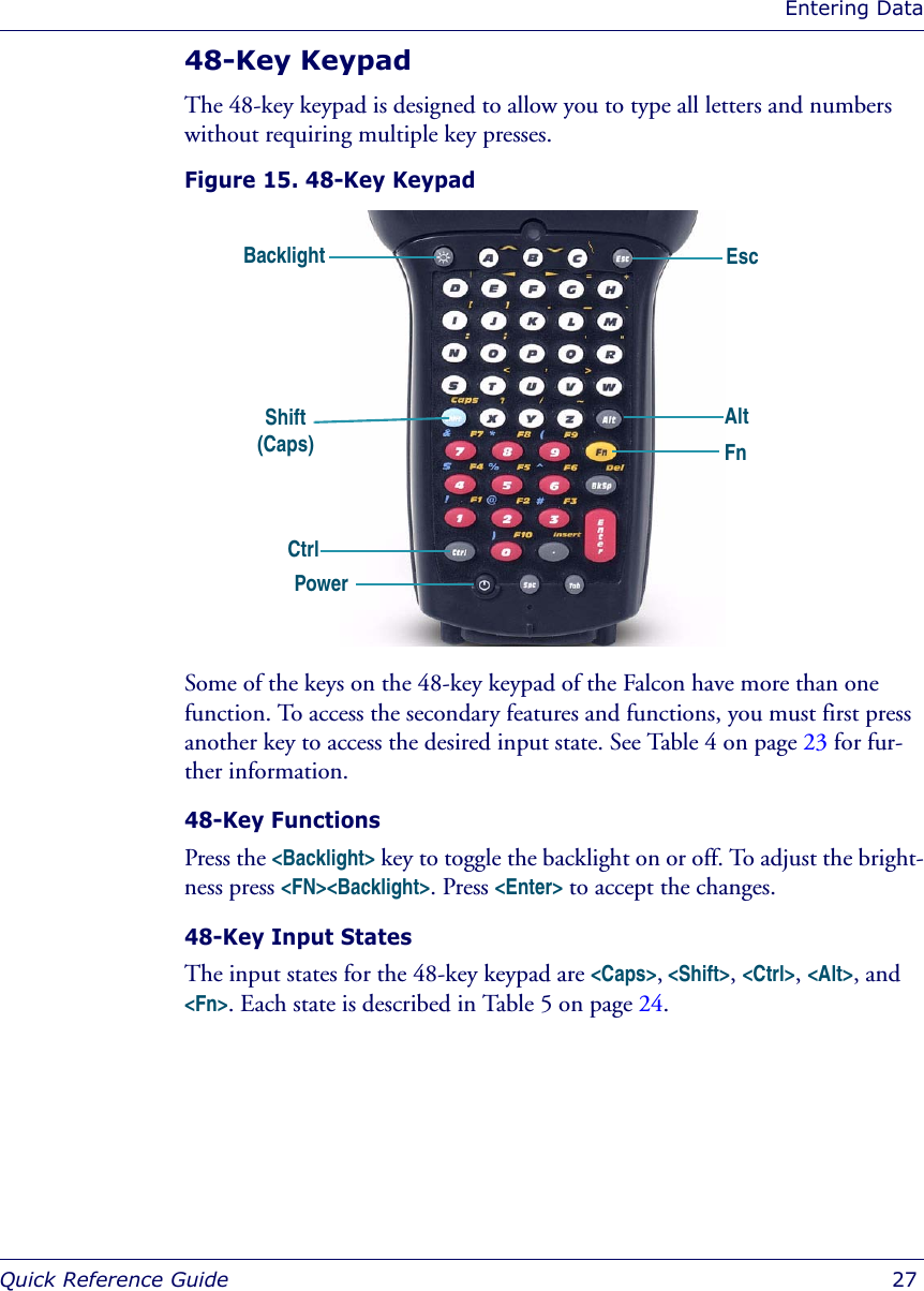 Entering DataQuick Reference Guide  2748-Key KeypadThe 48-key keypad is designed to allow you to type all letters and numbers without requiring multiple key presses.Figure 15. 48-Key KeypadSome of the keys on the 48-key keypad of the Falcon have more than one function. To access the secondary features and functions, you must first press another key to access the desired input state. See Table 4 on page 23 for fur-ther information.48-Key FunctionsPress the &lt;Backlight&gt; key to toggle the backlight on or off. To adjust the bright-ness press &lt;FN&gt;&lt;Backlight&gt;. Press &lt;Enter&gt; to accept the changes.48-Key Input StatesThe input states for the 48-key keypad are &lt;Caps&gt;, &lt;Shift&gt;, &lt;Ctrl&gt;, &lt;Alt&gt;, and &lt;Fn&gt;. Each state is described in Table 5 on page 24.Fn EscAltShift (Caps)Ctrl Backlight Power