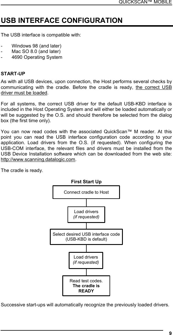 QUICKSCAN™ MOBILE  USB INTERFACE CONFIGURATION  The USB interface is compatible with:  -  Windows 98 (and later) -  Mac SO 8.0 (and later) - 4690 Operating System   START-UP As with all USB devices, upon connection, the Host performs several checks by communicating with the cradle. Before the cradle is ready, the correct USB driver must be loaded.  For all systems, the correct USB driver for the default USB-KBD interface is included in the Host Operating System and will either be loaded automatically or will be suggested by the O.S. and should therefore be selected from the dialog box (the first time only).  You can now read codes with the associated QuickScan™ M reader. At this point you can read the USB interface configuration code according to your application. Load drivers from the O.S. (if requested). When configuring the USB-COM interface, the relevant files and drivers must be installed from the USB Device Installation software which can be downloaded from the web site: http://www.scanning.datalogic.com.  The cradle is ready.  First Start Up  Connect cradle to Host Select desired USB interface code(USB-KBD is default) Read test codes. The cradle is READYLoad drivers(if requested)Load drivers (if requested)   Successive start-ups will automatically recognize the previously loaded drivers. 9  