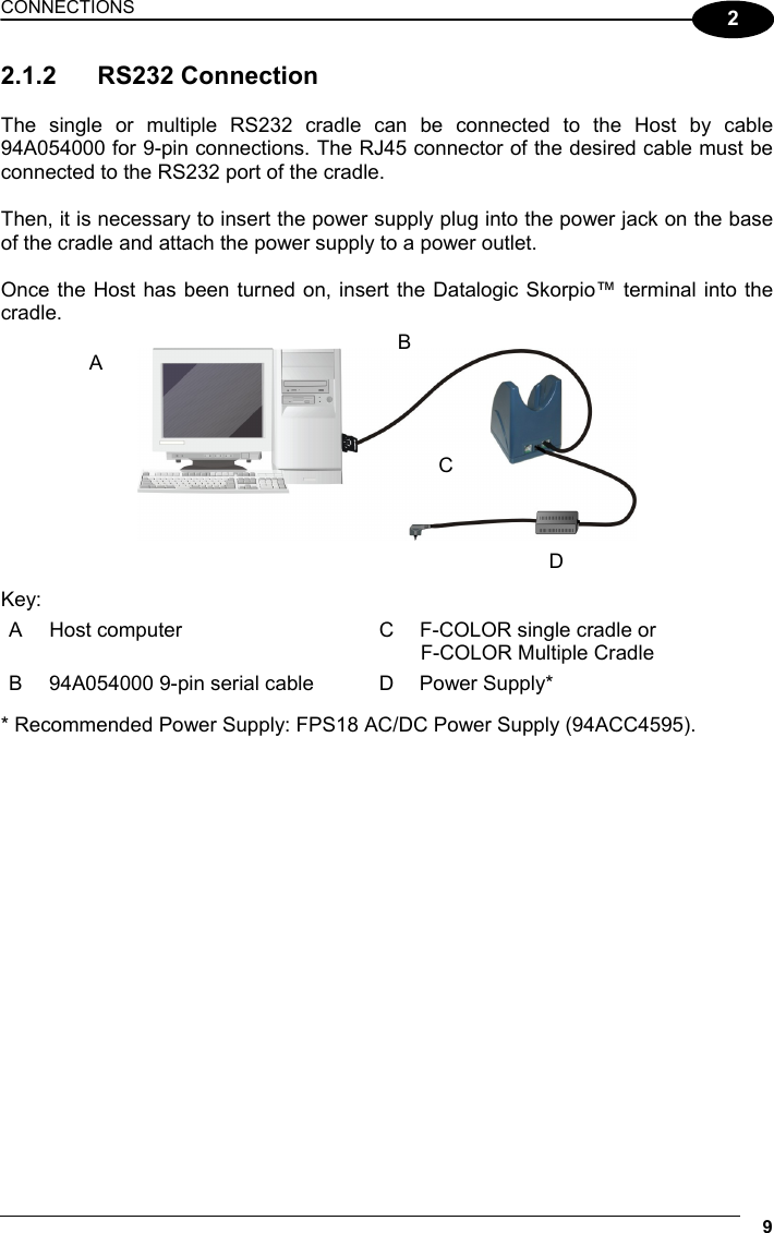 CONNECTIONS 9  2 2.1.2 RS232 Connection  The single or multiple RS232 cradle can be connected to the Host by cable 94A054000 for 9-pin connections. The RJ45 connector of the desired cable must be connected to the RS232 port of the cradle.  Then, it is necessary to insert the power supply plug into the power jack on the base of the cradle and attach the power supply to a power outlet.  Once the Host has been turned on, insert the Datalogic Skorpio™ terminal into the cradle.     Key: A  Host computer  C  F-COLOR single cradle or F-COLOR Multiple Cradle B  94A054000 9-pin serial cable  D  Power Supply*   * Recommended Power Supply: FPS18 AC/DC Power Supply (94ACC4595). A BCD