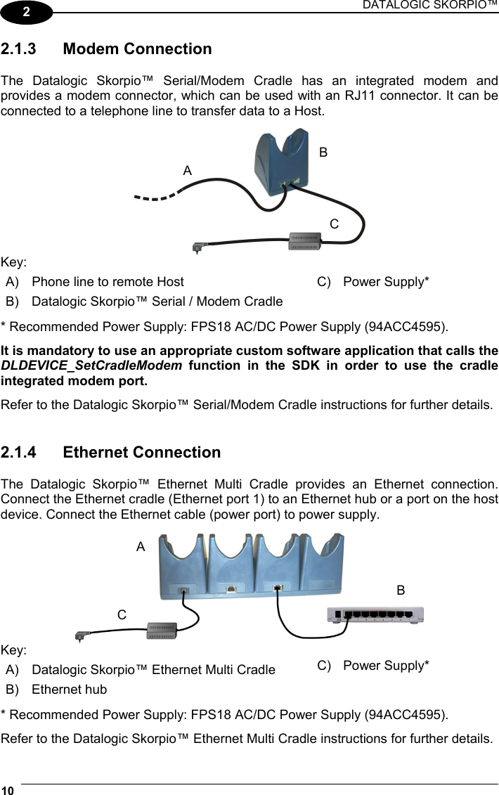 DATALOGIC SKORPIO™ 10   2 2.1.3 Modem Connection  The Datalogic Skorpio™ Serial/Modem Cradle has an integrated modem and provides a modem connector, which can be used with an RJ11 connector. It can be connected to a telephone line to transfer data to a Host.   Key: A)  Phone line to remote Host  C)  Power Supply* B)  Datalogic Skorpio™ Serial / Modem Cradle    * Recommended Power Supply: FPS18 AC/DC Power Supply (94ACC4595). It is mandatory to use an appropriate custom software application that calls the DLDEVICE_SetCradleModem function in the SDK in order to use the cradle integrated modem port. Refer to the Datalogic Skorpio™ Serial/Modem Cradle instructions for further details.   2.1.4 Ethernet Connection  The Datalogic Skorpio™ Ethernet Multi Cradle provides an Ethernet connection. Connect the Ethernet cradle (Ethernet port 1) to an Ethernet hub or a port on the host device. Connect the Ethernet cable (power port) to power supply.   Key: A)  Datalogic Skorpio™ Ethernet Multi Cradle  C) Power Supply* B) Ethernet hub    * Recommended Power Supply: FPS18 AC/DC Power Supply (94ACC4595). Refer to the Datalogic Skorpio™ Ethernet Multi Cradle instructions for further details. ABCA BC 