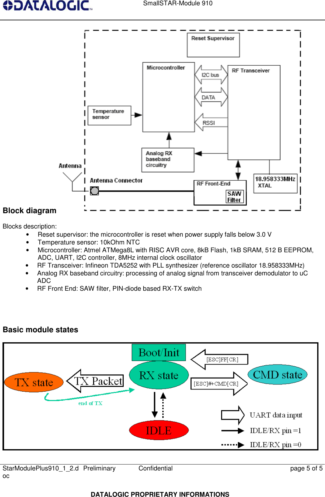    SmallSTAR-Module 910   StarModulePlus910_1_2.doc  Preliminary Confidential  page 5 of 5  DATALOGIC PROPRIETARY INFORMATIONS Block diagram  Blocks description: •  Reset supervisor: the microcontroller is reset when power supply falls below 3.0 V •  Temperature sensor: 10kOhm NTC •  Microcontroller: Atmel ATMega8L with RISC AVR core, 8kB Flash, 1kB SRAM, 512 B EEPROM, ADC, UART, I2C controller, 8MHz internal clock oscillator •  RF Transceiver: Infineon TDA5252 with PLL synthesizer (reference oscillator 18.958333MHz) •  Analog RX baseband circuitry: processing of analog signal from transceiver demodulator to uC ADC •  RF Front End: SAW filter, PIN-diode based RX-TX switch  Basic module states  