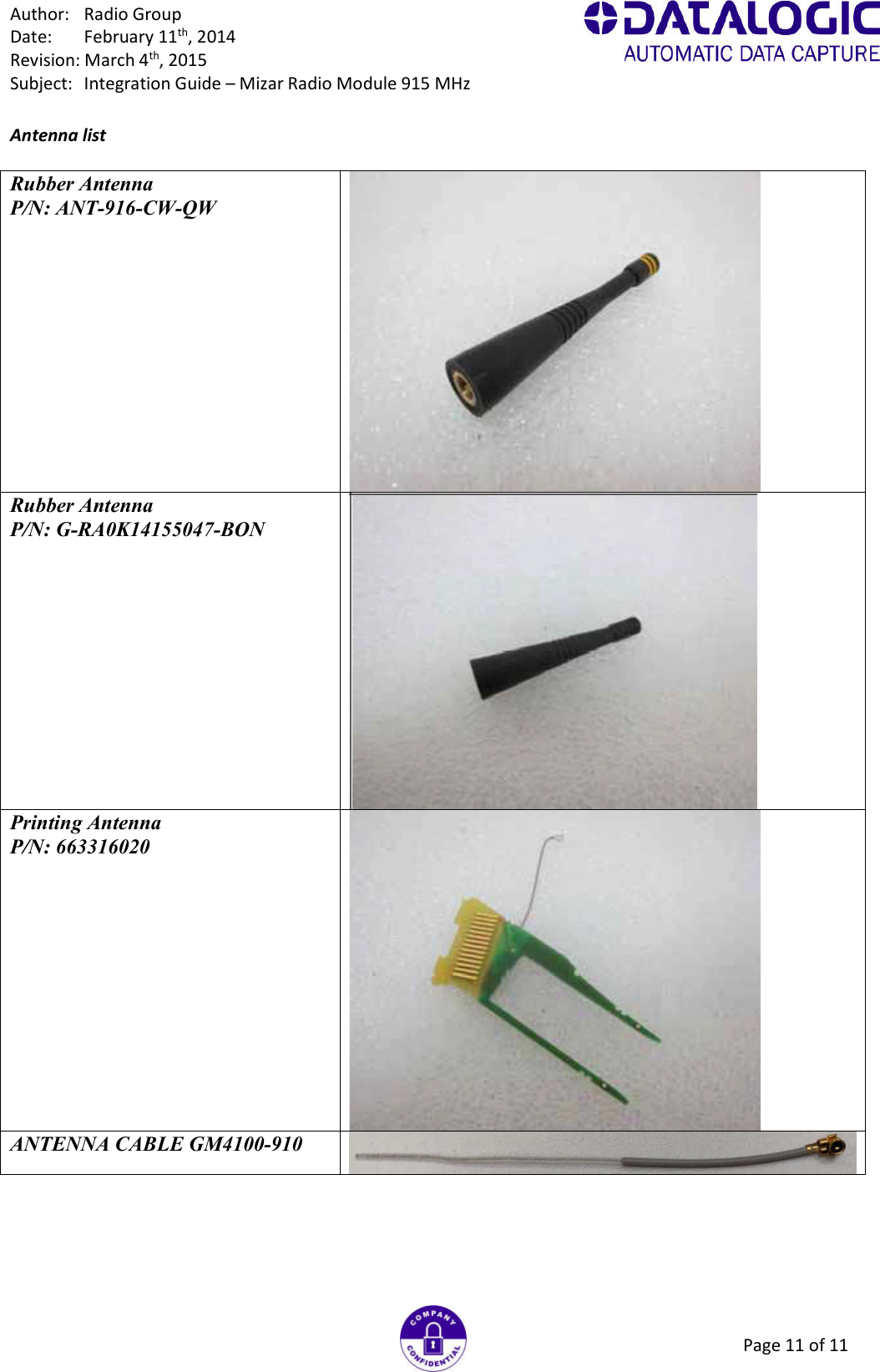 Author:  Radio Group Date:  February 11th, 2014 Revision: March 4th, 2015 Subject:  Integration Guide – Mizar Radio Module 915 MHz Page 11 of 11  Antenna list  Rubber Antenna P/N: ANT-916-CW-QW  Rubber Antenna P/N: G-RA0K14155047-BON  Printing Antenna P/N: 663316020  ANTENNA CABLE GM4100-910      