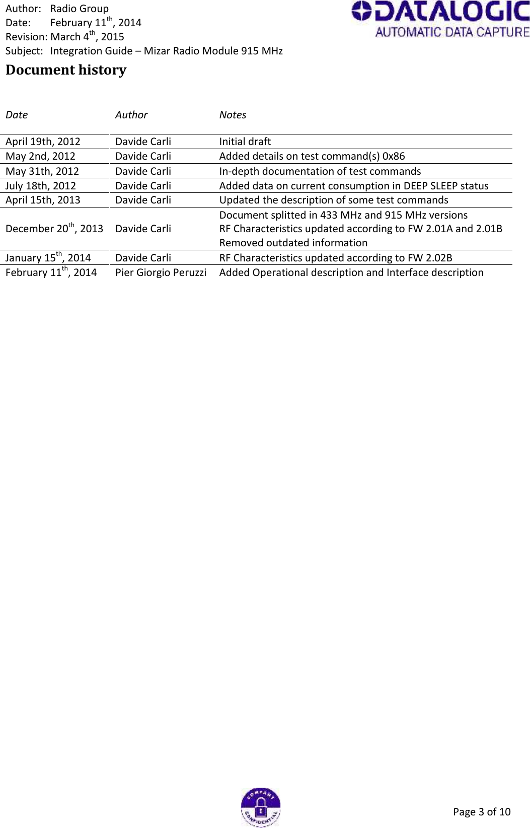 Author: Radio GroupDate: February 11th, 2014Revision: March 4th, 2015Subject: Integration Guide – Mizar Radio Module 915 MHzPage 3 of 10Document historyDateAuthorNotesApril 19th, 2012Davide CarliInitial draftMay 2nd, 2012Davide CarliAdded details on test command(s) 0x86May 31th, 2012Davide CarliIn-depth documentation of test commandsJuly 18th, 2012Davide CarliAdded data on current consumption in DEEP SLEEP statusApril 15th, 2013Davide CarliUpdated the description of some test commandsDecember 20th, 2013Davide CarliDocument splitted in 433 MHz and 915 MHz versionsRF Characteristics updated according to FW 2.01A and 2.01BRemoved outdated informationJanuary 15th, 2014Davide CarliRF Characteristics updated according to FW 2.02BFebruary 11th, 2014Pier Giorgio PeruzziAdded Operational description and Interface description