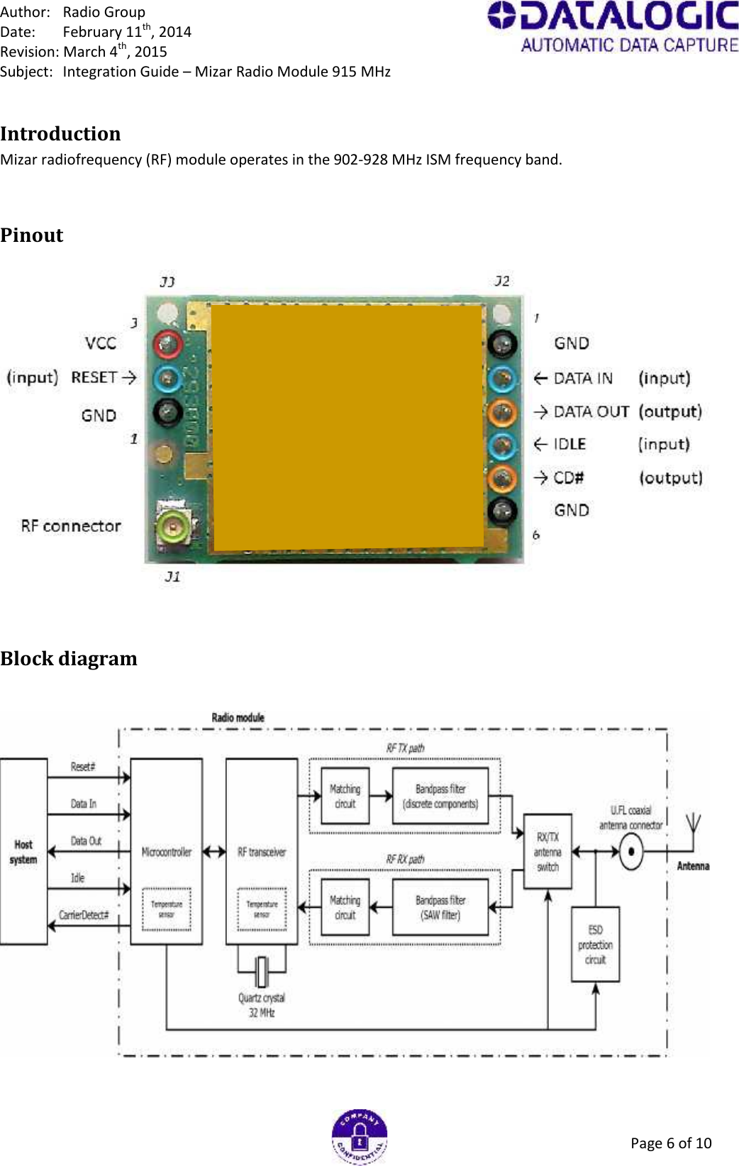 Author: Radio GroupDate: February 11th, 2014Revision: March 4th, 2015Subject: Integration Guide – Mizar Radio Module 915 MHzPage 6 of 10IntroductionMizar radiofrequency (RF) module operates in the 902-928 MHz ISM frequency band.PinoutBlock diagram