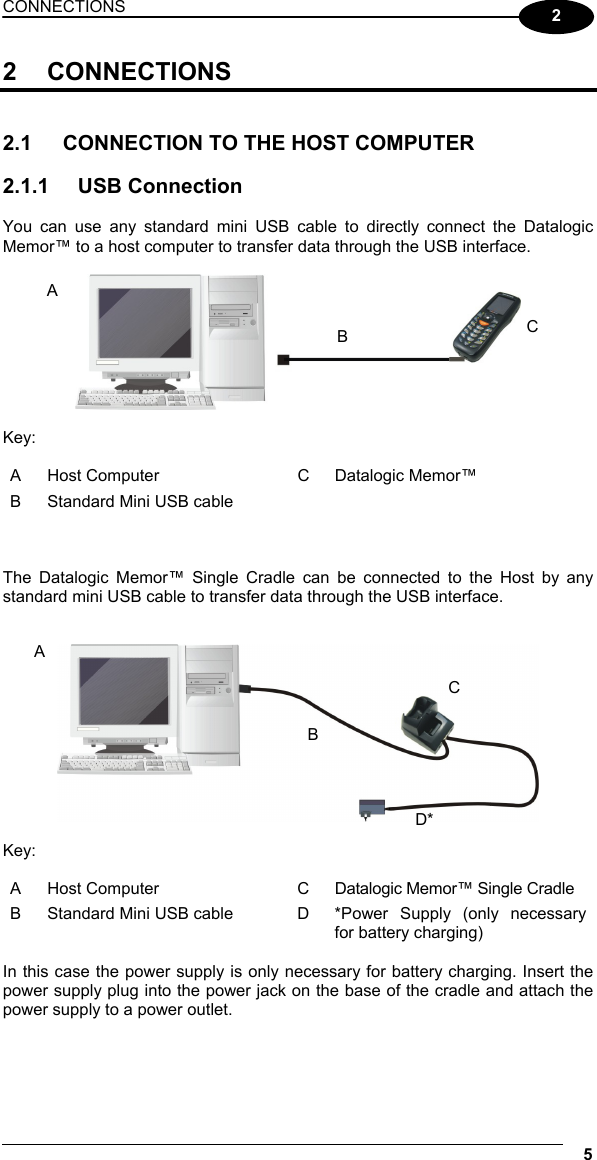 CONNECTIONS 5  2 2 CONNECTIONS   2.1  CONNECTION TO THE HOST COMPUTER  2.1.1 USB Connection  You can use any standard mini USB cable to directly connect the Datalogic Memor™ to a host computer to transfer data through the USB interface.    Key: A  Host Computer  C  Datalogic Memor™ B  Standard Mini USB cable      The Datalogic Memor™ Single Cradle can be connected to the Host by any standard mini USB cable to transfer data through the USB interface.     Key: A Host Computer  C Datalogic Memor™ Single Cradle B  Standard Mini USB cable  D  *Power Supply (only necessary for battery charging)  In this case the power supply is only necessary for battery charging. Insert the power supply plug into the power jack on the base of the cradle and attach the power supply to a power outlet.  ABCBD*CA