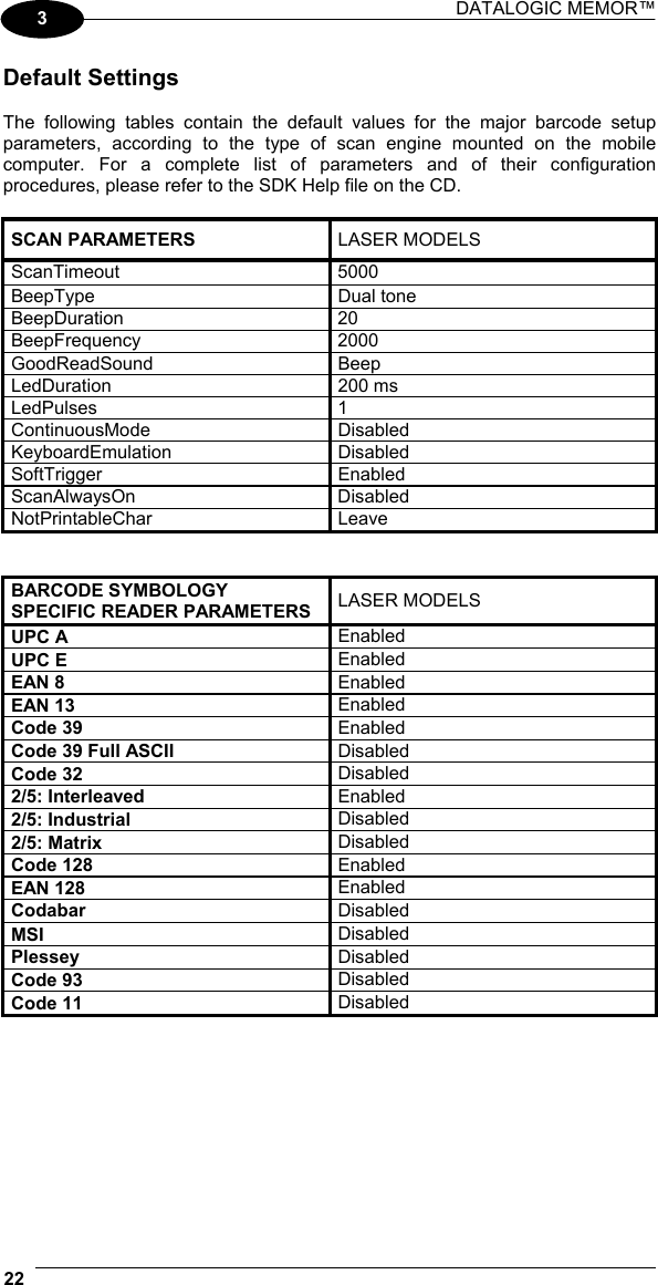 DATALOGIC MEMOR™  22   3 Default Settings  The following tables contain the default values for the major barcode setup parameters, according to the type of scan engine mounted on the mobile computer. For a complete list of parameters and of their configuration procedures, please refer to the SDK Help file on the CD.  SCAN PARAMETERS  LASER MODELS ScanTimeout 5000 BeepType Dual tone BeepDuration 20 BeepFrequency 2000 GoodReadSound Beep LedDuration 200 ms LedPulses 1 ContinuousMode Disabled KeyboardEmulation Disabled SoftTrigger Enabled ScanAlwaysOn Disabled NotPrintableChar Leave   BARCODE SYMBOLOGY SPECIFIC READER PARAMETERS  LASER MODELS UPC A  Enabled UPC E  Enabled EAN 8  Enabled EAN 13  Enabled Code 39  Enabled Code 39 Full ASCII  Disabled Code 32  Disabled 2/5: Interleaved  Enabled 2/5: Industrial  Disabled 2/5: Matrix  Disabled Code 128   Enabled EAN 128   Enabled Codabar  Disabled MSI  Disabled Plessey  Disabled Code 93  Disabled Code 11  Disabled   