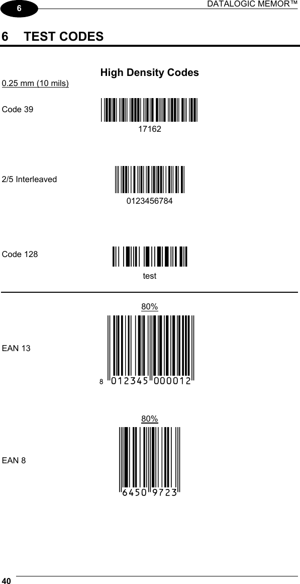 DATALOGIC MEMOR™  40   6 6 TEST CODES   High Density Codes 0.25 mm (10 mils)      Code 39 !17162H!  17162           2/5 Interleaved Ë&quot;8NduÌ   0123456784               Code 128 ÌtestwÎ  test          80%  EAN 13 x(0B2DE5*KKKKLM(            80%  EAN 8 (6450*TRMN(      